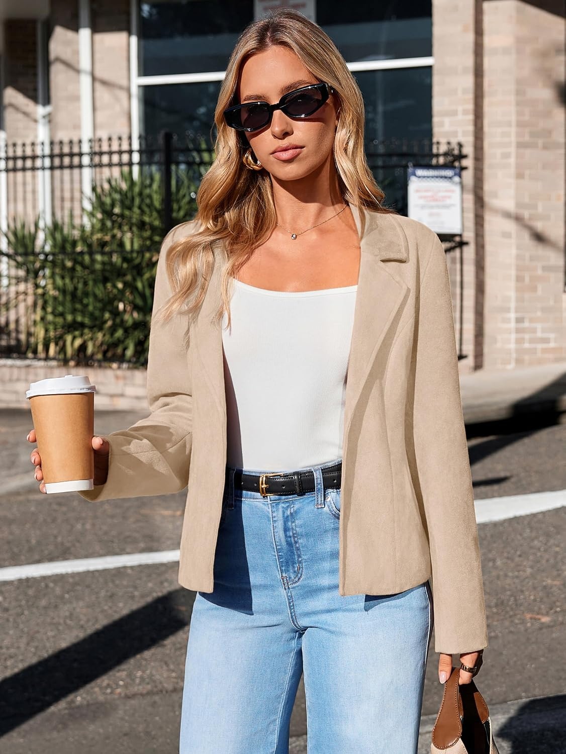 image:imageGlamaker Womens Fall Faux Suede Jackets Fashion Lightweight Coat Outfits Long Sleeve Notch Lapel Open Front Dressy Casual Jacket with Pockets Trendy Winter Clothes Going Out OutfitsApricot
