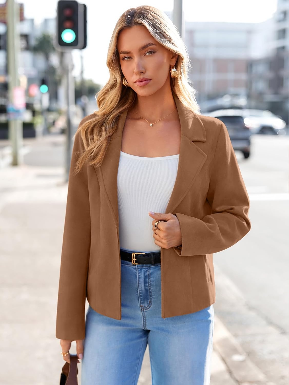 image:imageGlamaker Womens Fall Faux Suede Jackets Fashion Lightweight Coat Outfits Long Sleeve Notch Lapel Open Front Dressy Casual Jacket with Pockets Trendy Winter Clothes Going Out OutfitsCamel