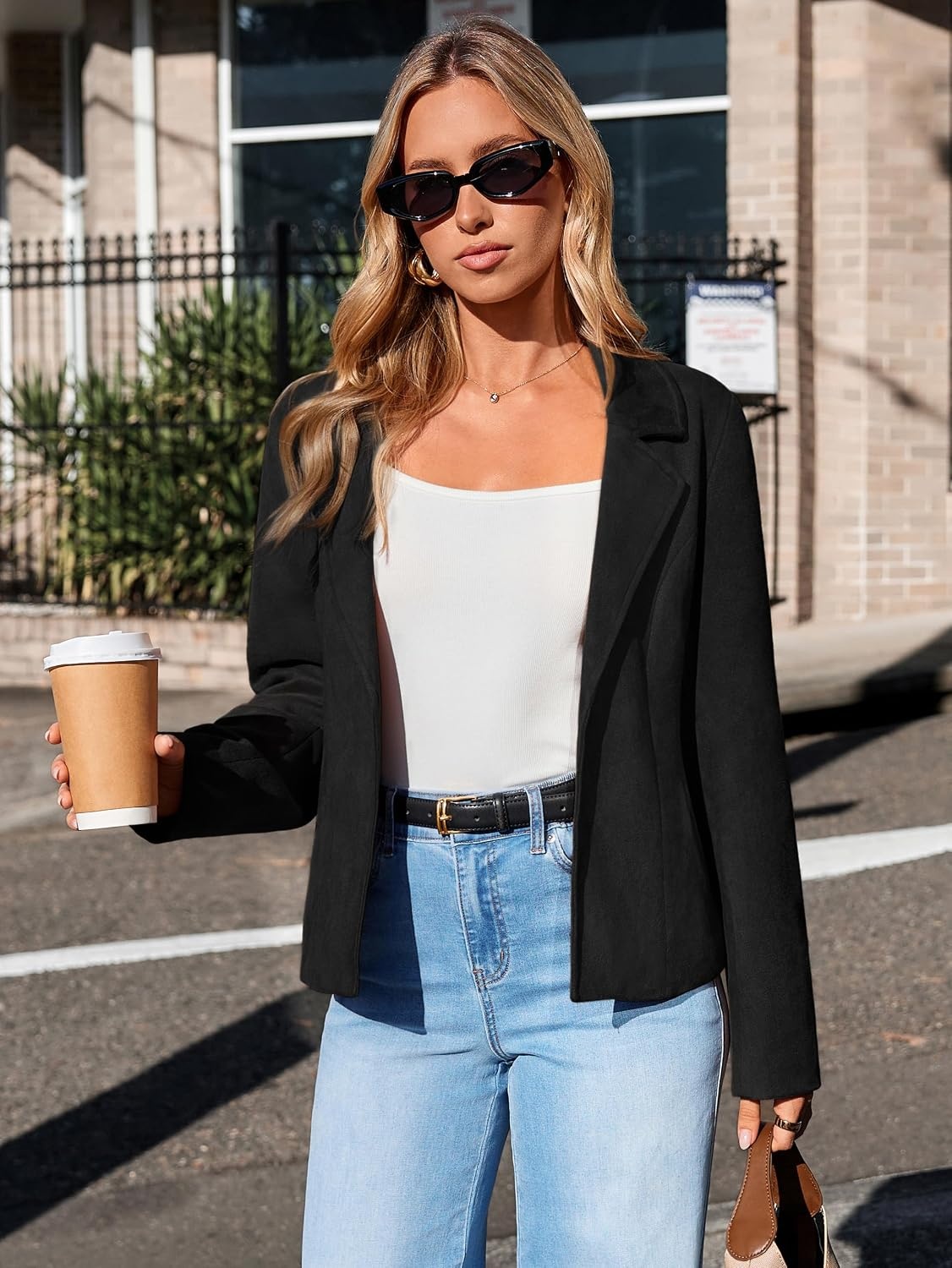 image:imageGlamaker Womens Fall Faux Suede Jackets Fashion Lightweight Coat Outfits Long Sleeve Notch Lapel Open Front Dressy Casual Jacket with Pockets Trendy Winter Clothes Going Out OutfitsBlack