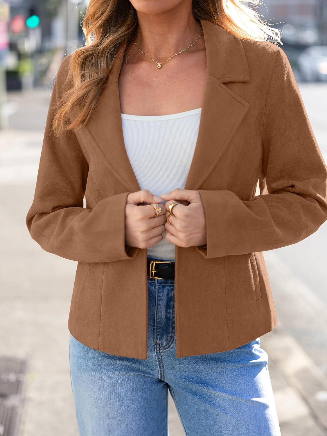 image:imageGlamaker Womens Fall Faux Suede Jackets Fashion Lightweight Coat Outfits Long Sleeve Notch Lapel Open Front Dressy Casual Jacket with Pockets Trendy Winter Clothes Going Out OutfitsCamel