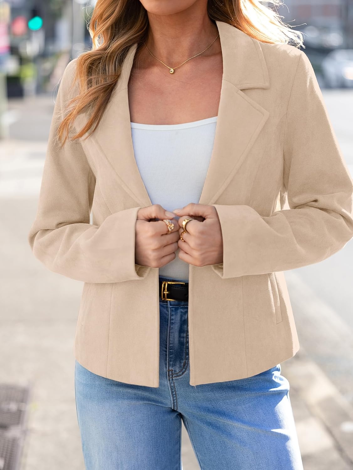 image:imageGlamaker Womens Fall Faux Suede Jackets Fashion Lightweight Coat Outfits Long Sleeve Notch Lapel Open Front Dressy Casual Jacket with Pockets Trendy Winter Clothes Going Out OutfitsApricot