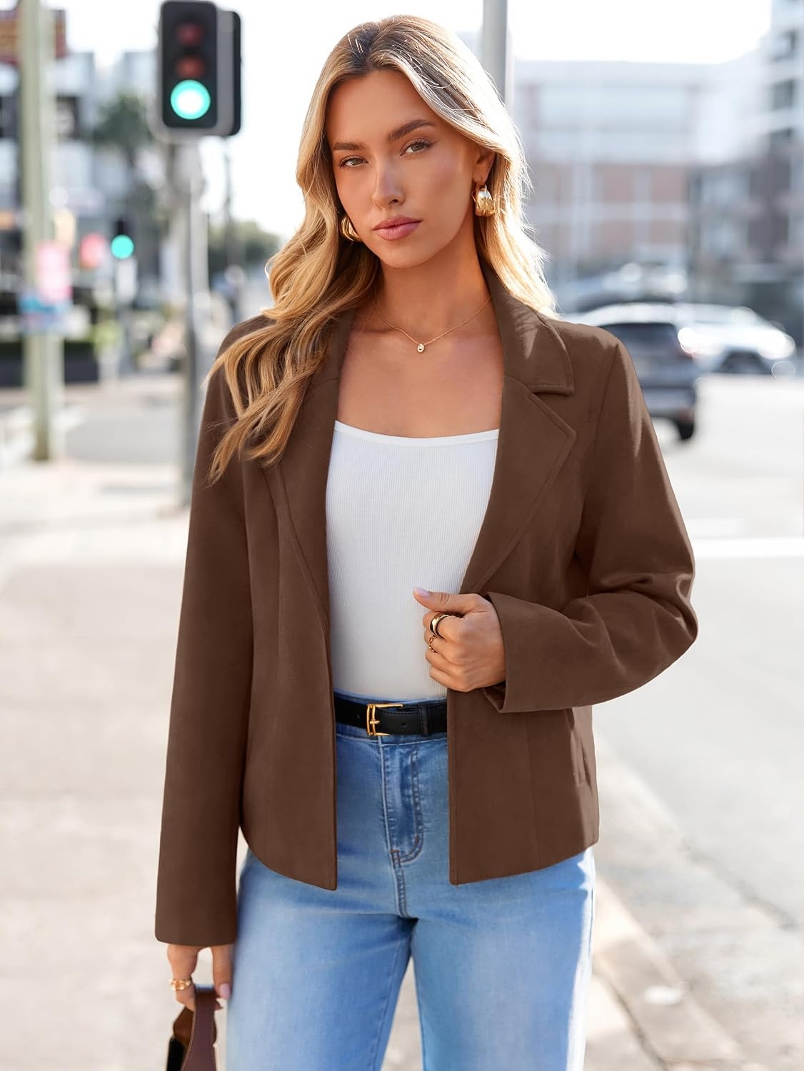 image:imageGlamaker Womens Fall Faux Suede Jackets Fashion Lightweight Coat Outfits Long Sleeve Notch Lapel Open Front Dressy Casual Jacket with Pockets Trendy Winter Clothes Going Out OutfitsDark Brown