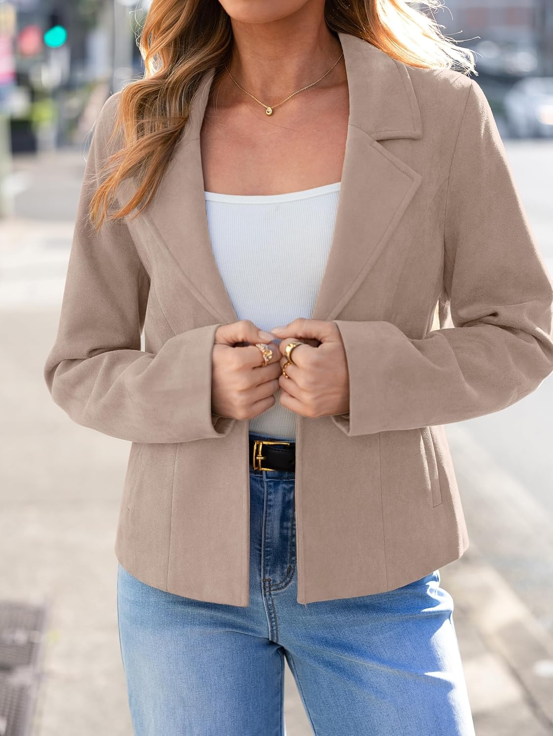 image:imageGlamaker Womens Fall Faux Suede Jackets Fashion Lightweight Coat Outfits Long Sleeve Notch Lapel Open Front Dressy Casual Jacket with Pockets Trendy Winter Clothes Going Out OutfitsLight Grey