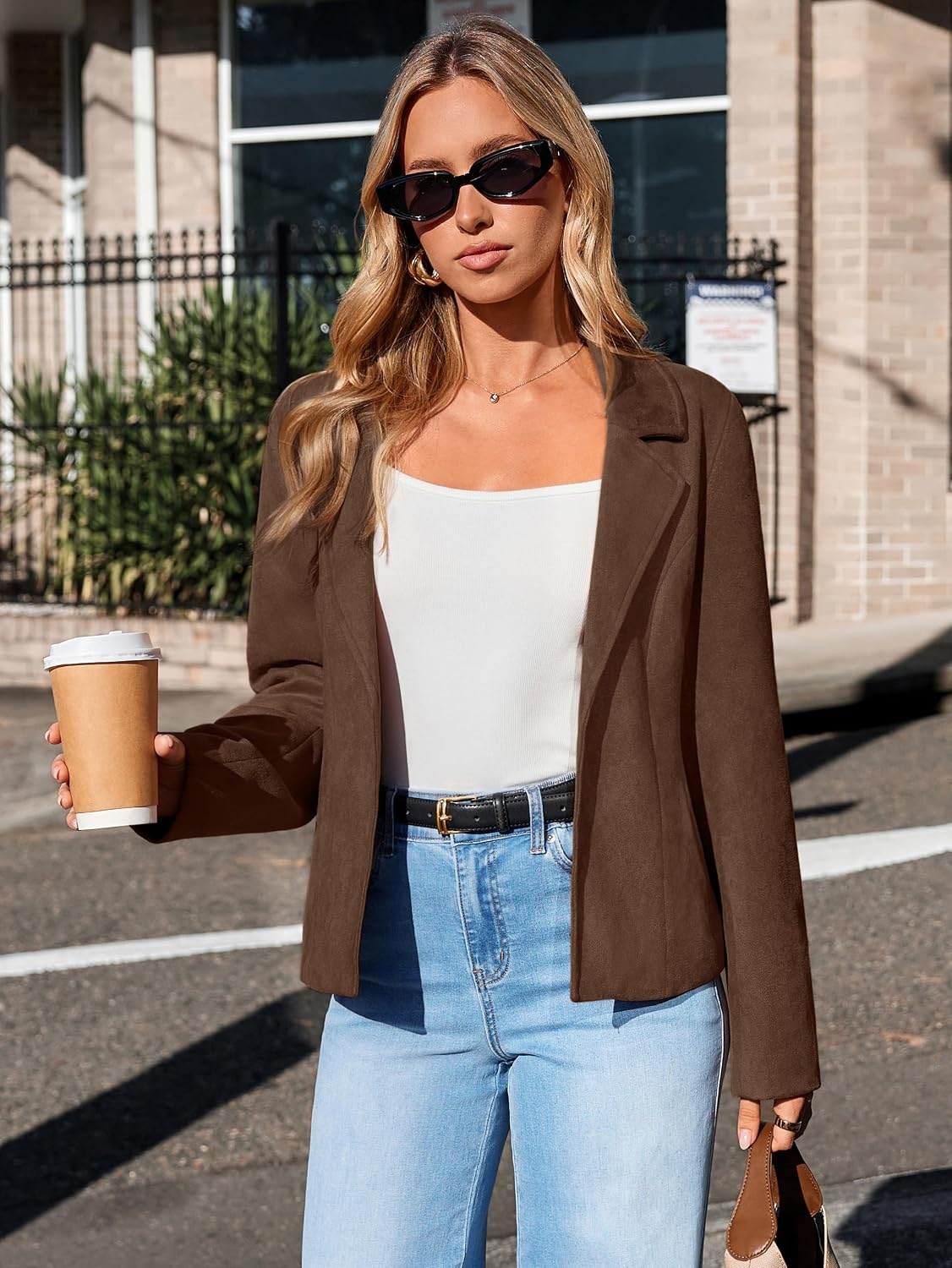 image:imageGlamaker Womens Fall Faux Suede Jackets Fashion Lightweight Coat Outfits Long Sleeve Notch Lapel Open Front Dressy Casual Jacket with Pockets Trendy Winter Clothes Going Out OutfitsDark Brown