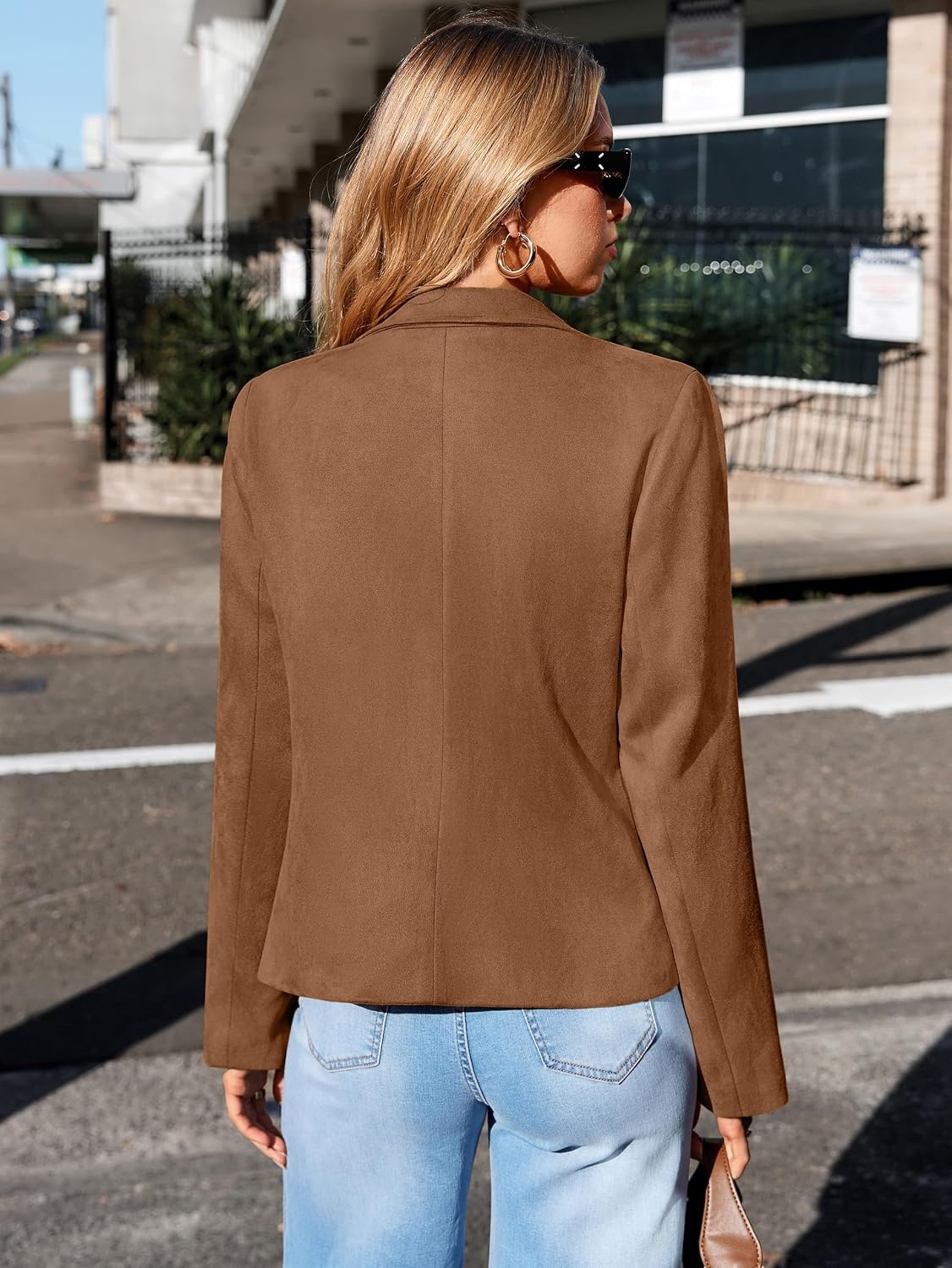 image:imageGlamaker Womens Fall Faux Suede Jackets Fashion Lightweight Coat Outfits Long Sleeve Notch Lapel Open Front Dressy Casual Jacket with Pockets Trendy Winter Clothes Going Out OutfitsCamel