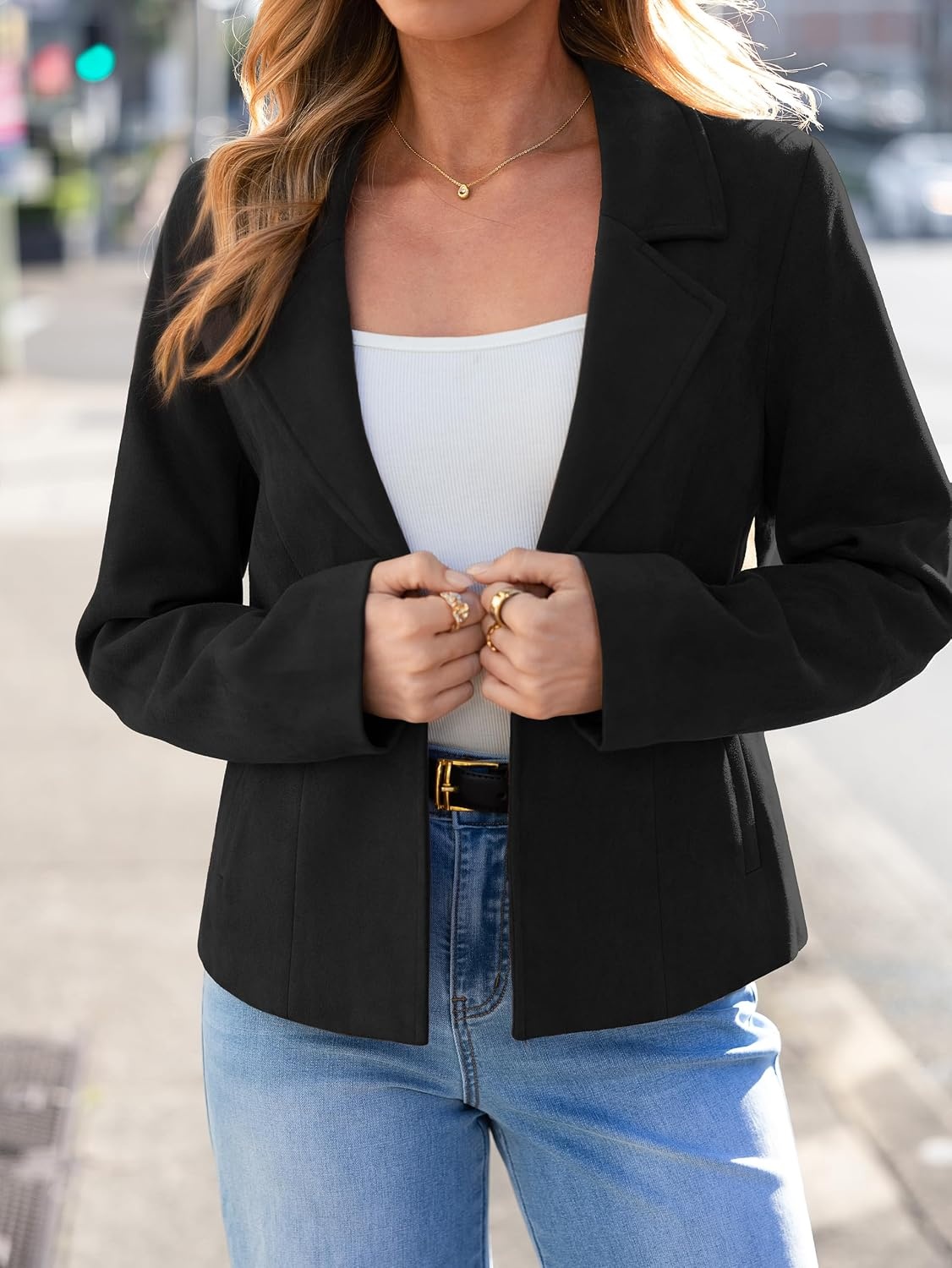 image:imageGlamaker Womens Fall Faux Suede Jackets Fashion Lightweight Coat Outfits Long Sleeve Notch Lapel Open Front Dressy Casual Jacket with Pockets Trendy Winter Clothes Going Out OutfitsBlack