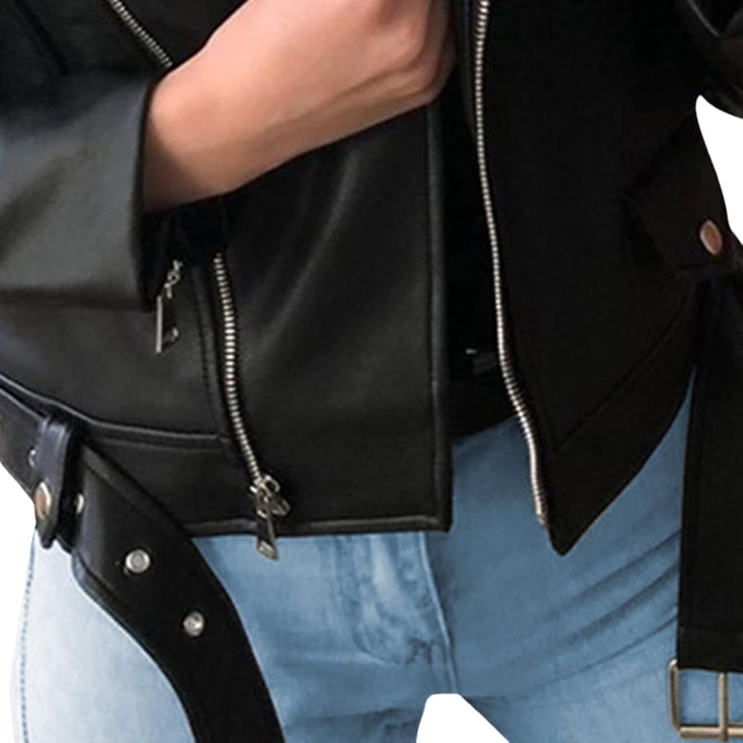 image:imageJEKEDG Womens Casual Blazer Collar Fashion Coat Vintage Biker Spring Fall Coat Jacket Faux Leather Zip Up CoatsBlack 1