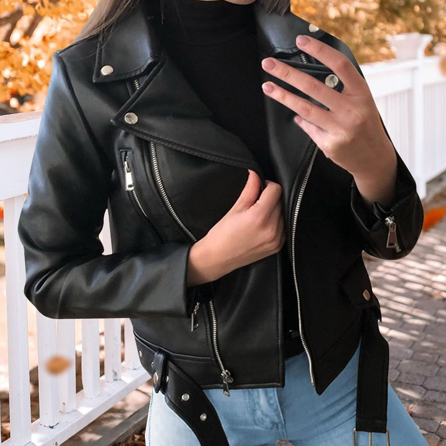 image:imageJEKEDG Womens Casual Blazer Collar Fashion Coat Vintage Biker Spring Fall Coat Jacket Faux Leather Zip Up CoatsBlack 1