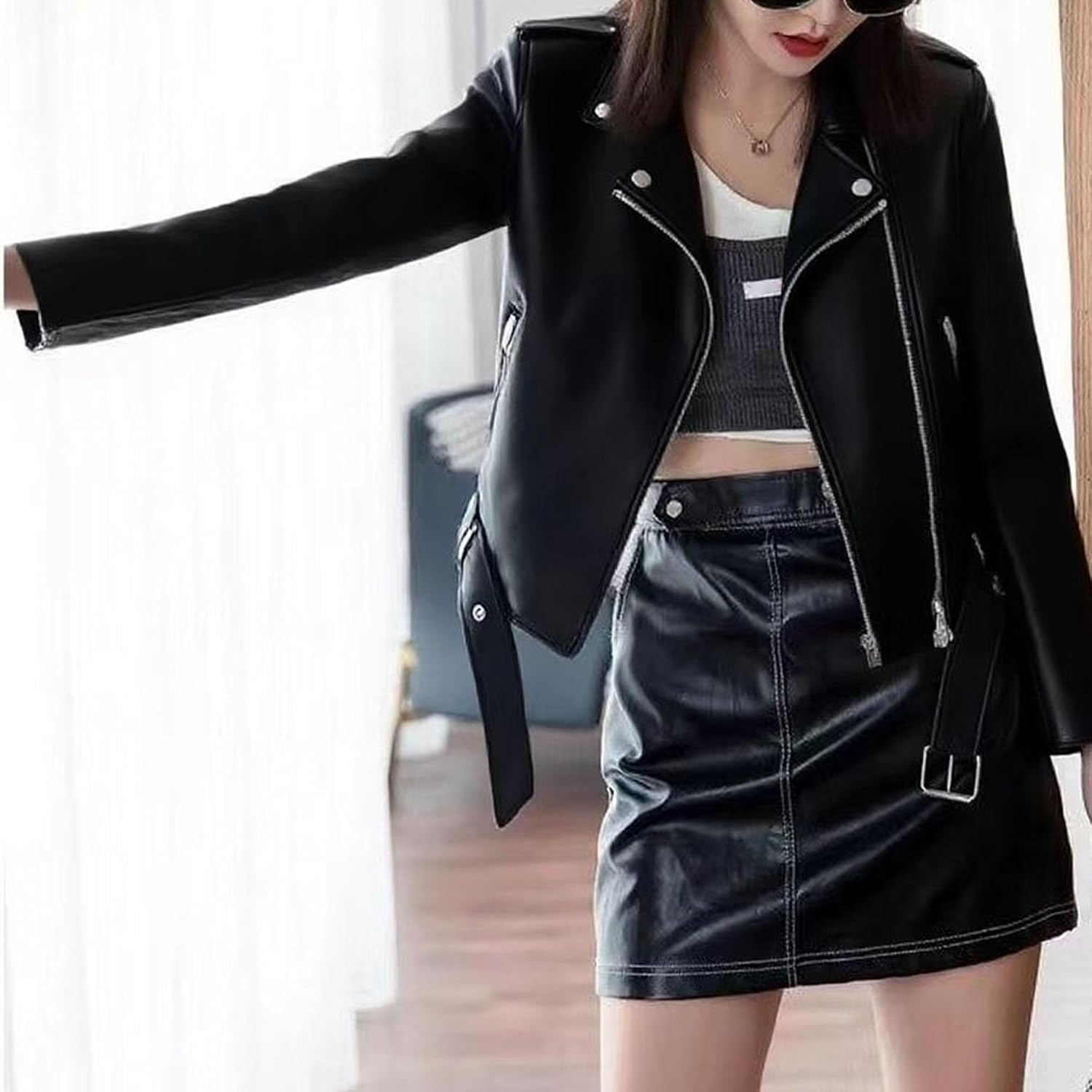 image:imageJEKEDG Womens Casual Blazer Collar Fashion Coat Vintage Biker Spring Fall Coat Jacket Faux Leather Zip Up CoatsBlack 2
