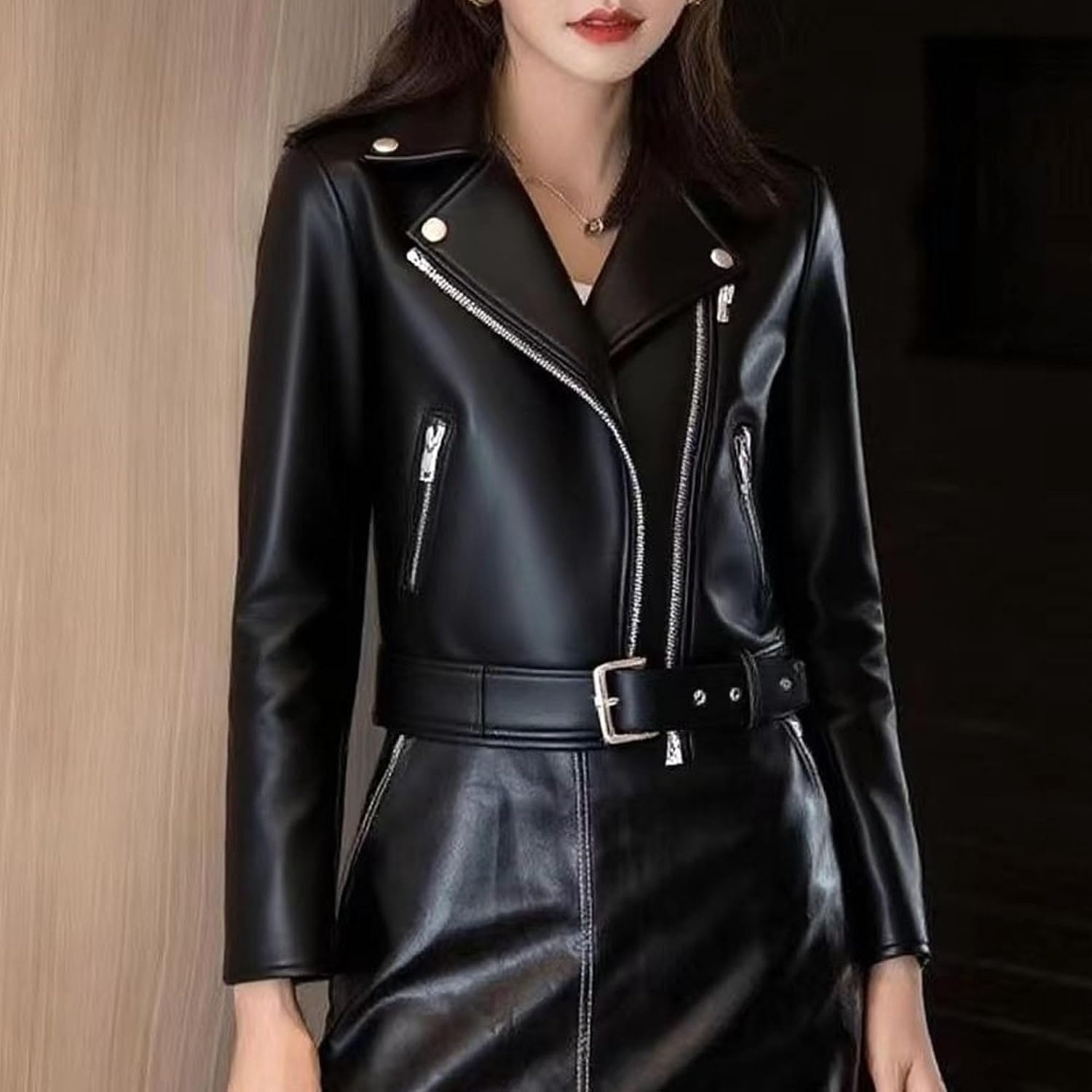 image:imageJEKEDG Womens Casual Blazer Collar Fashion Coat Vintage Biker Spring Fall Coat Jacket Faux Leather Zip Up CoatsBlack 2