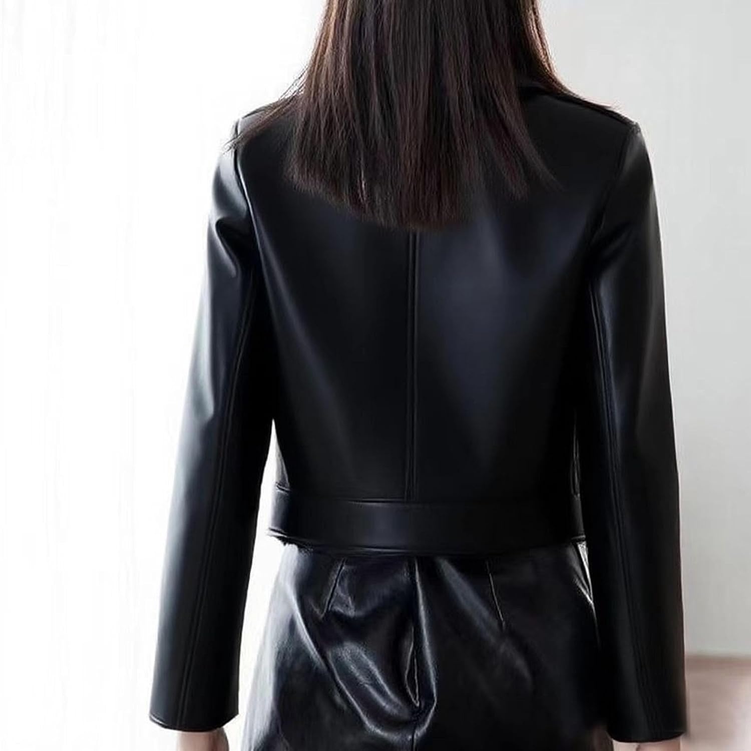 image:imageJEKEDG Womens Casual Blazer Collar Fashion Coat Vintage Biker Spring Fall Coat Jacket Faux Leather Zip Up CoatsBlack 2
