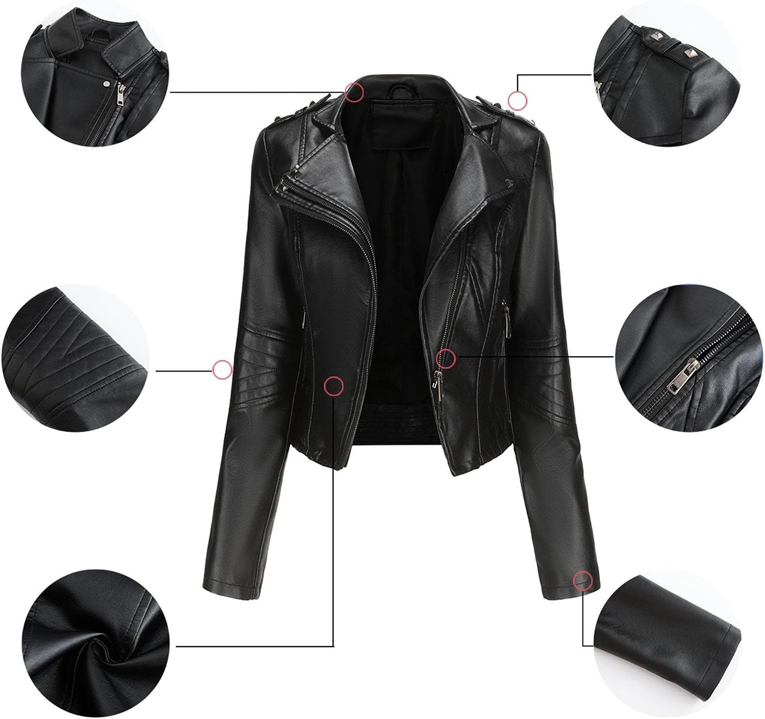 image:imageJEKEDG Womens Casual Blazer Collar Fashion Coat Vintage Biker Spring Fall Coat Jacket Faux Leather Zip Up CoatsBlack 3