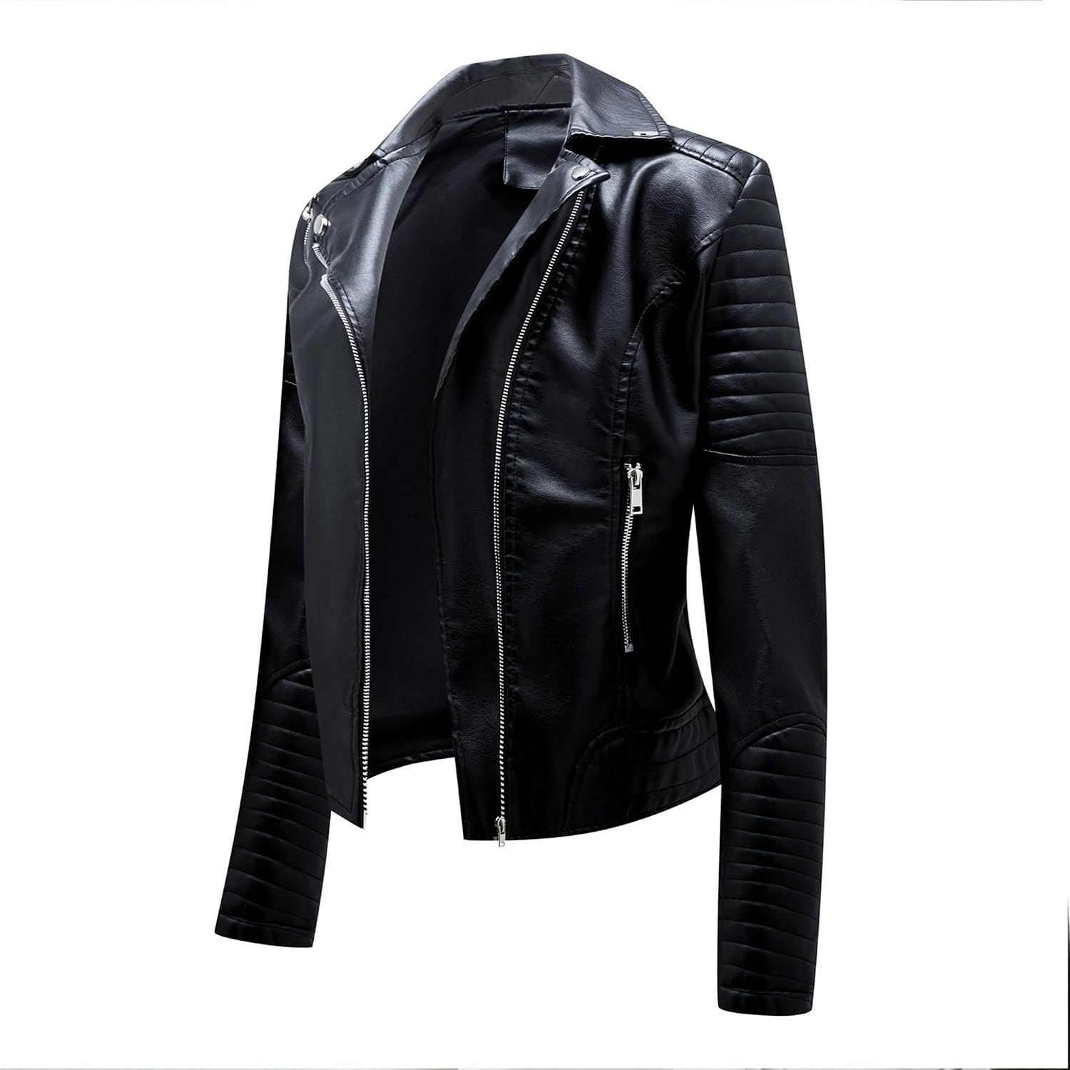 image:imageJEKEDG Womens Casual Blazer Collar Fashion Coat Vintage Biker Spring Fall Coat Jacket Faux Leather Zip Up CoatsBlack 4