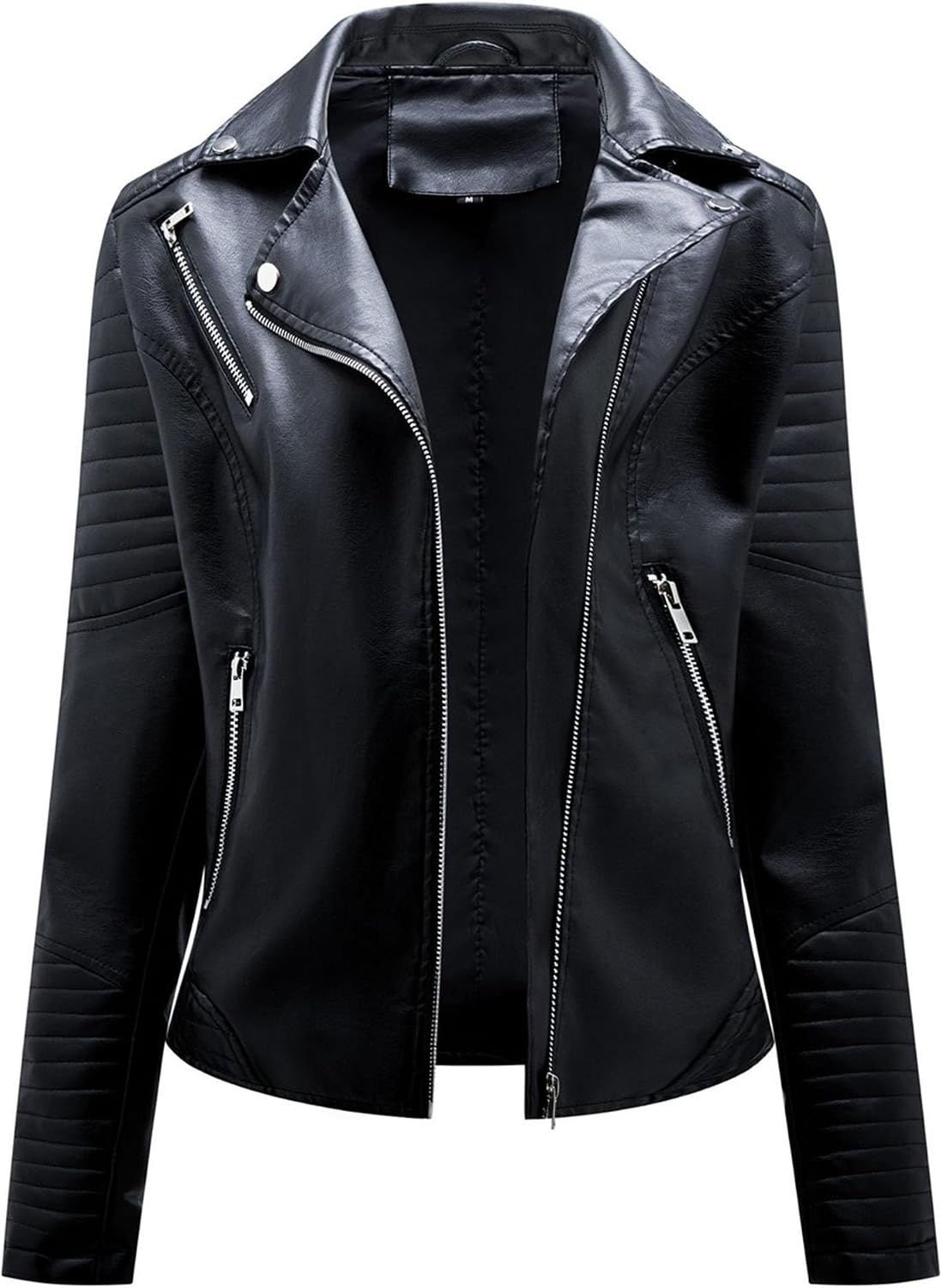 image:imageJEKEDG Womens Casual Blazer Collar Fashion Coat Vintage Biker Spring Fall Coat Jacket Faux Leather Zip Up CoatsBlack 4