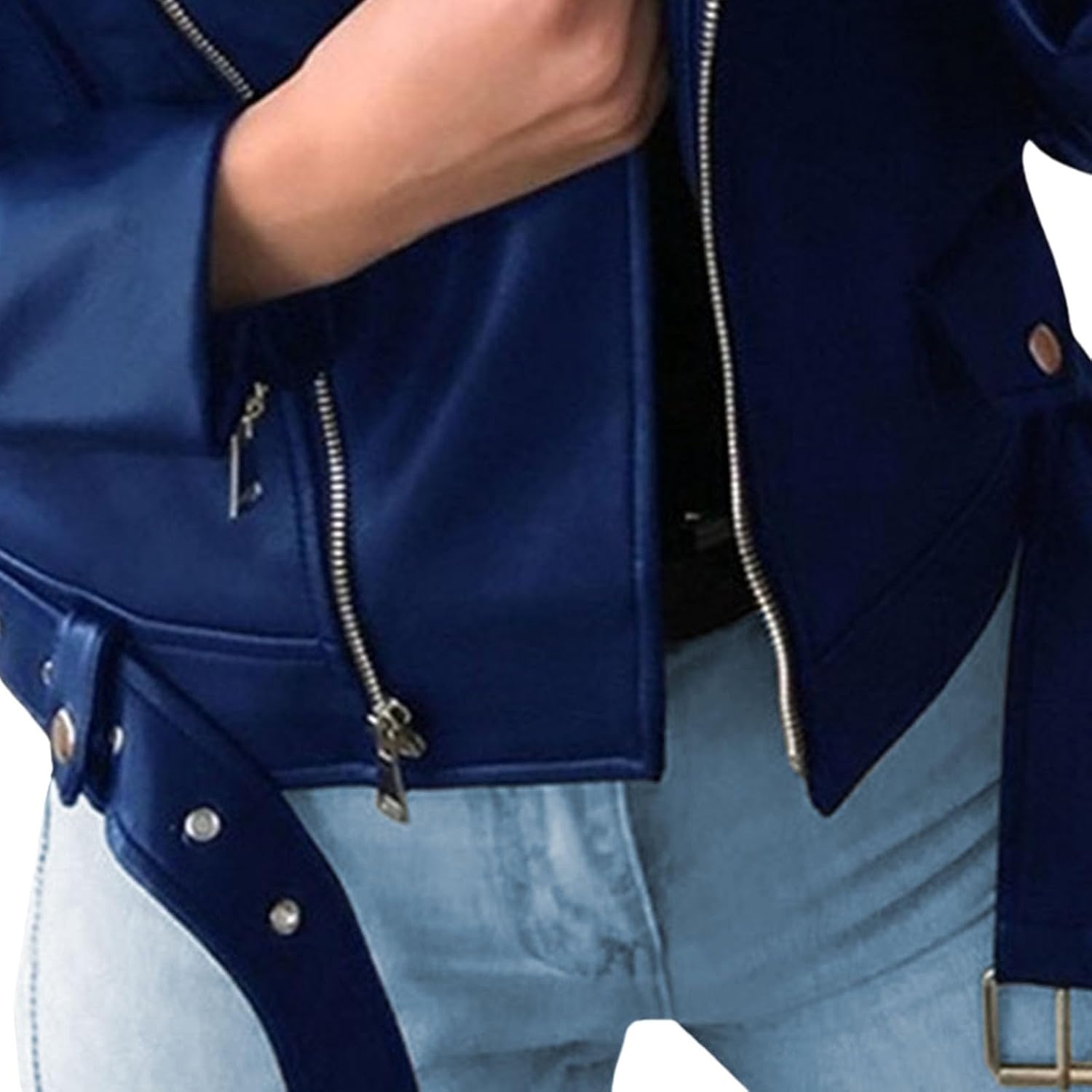 image:imageJEKEDG Womens Casual Blazer Collar Fashion Coat Vintage Biker Spring Fall Coat Jacket Faux Leather Zip Up CoatsBlue 1