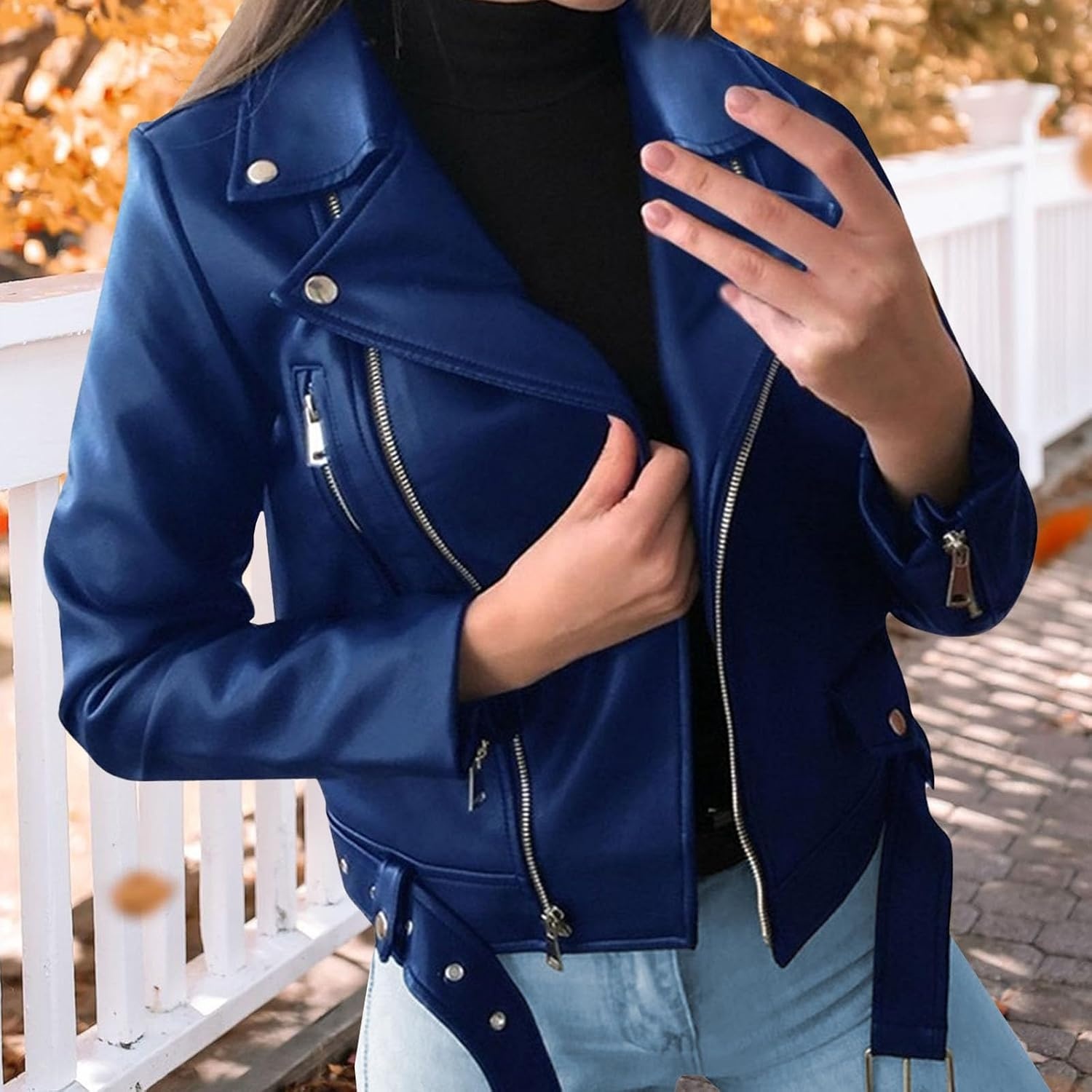image:imageJEKEDG Womens Casual Blazer Collar Fashion Coat Vintage Biker Spring Fall Coat Jacket Faux Leather Zip Up CoatsBlue 1