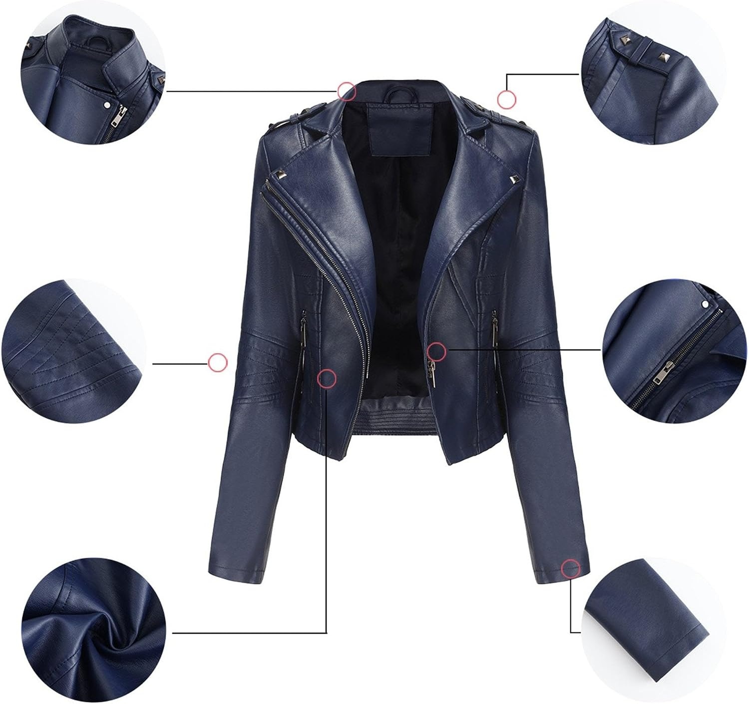 image:imageJEKEDG Womens Casual Blazer Collar Fashion Coat Vintage Biker Spring Fall Coat Jacket Faux Leather Zip Up CoatsBlue 3