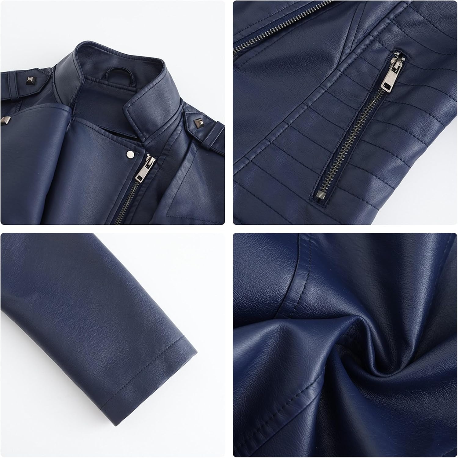 image:imageJEKEDG Womens Casual Blazer Collar Fashion Coat Vintage Biker Spring Fall Coat Jacket Faux Leather Zip Up CoatsBlue 3