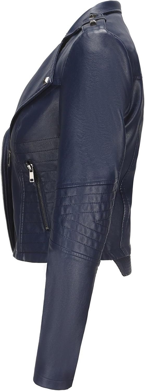 image:imageJEKEDG Womens Casual Blazer Collar Fashion Coat Vintage Biker Spring Fall Coat Jacket Faux Leather Zip Up CoatsBlue 3