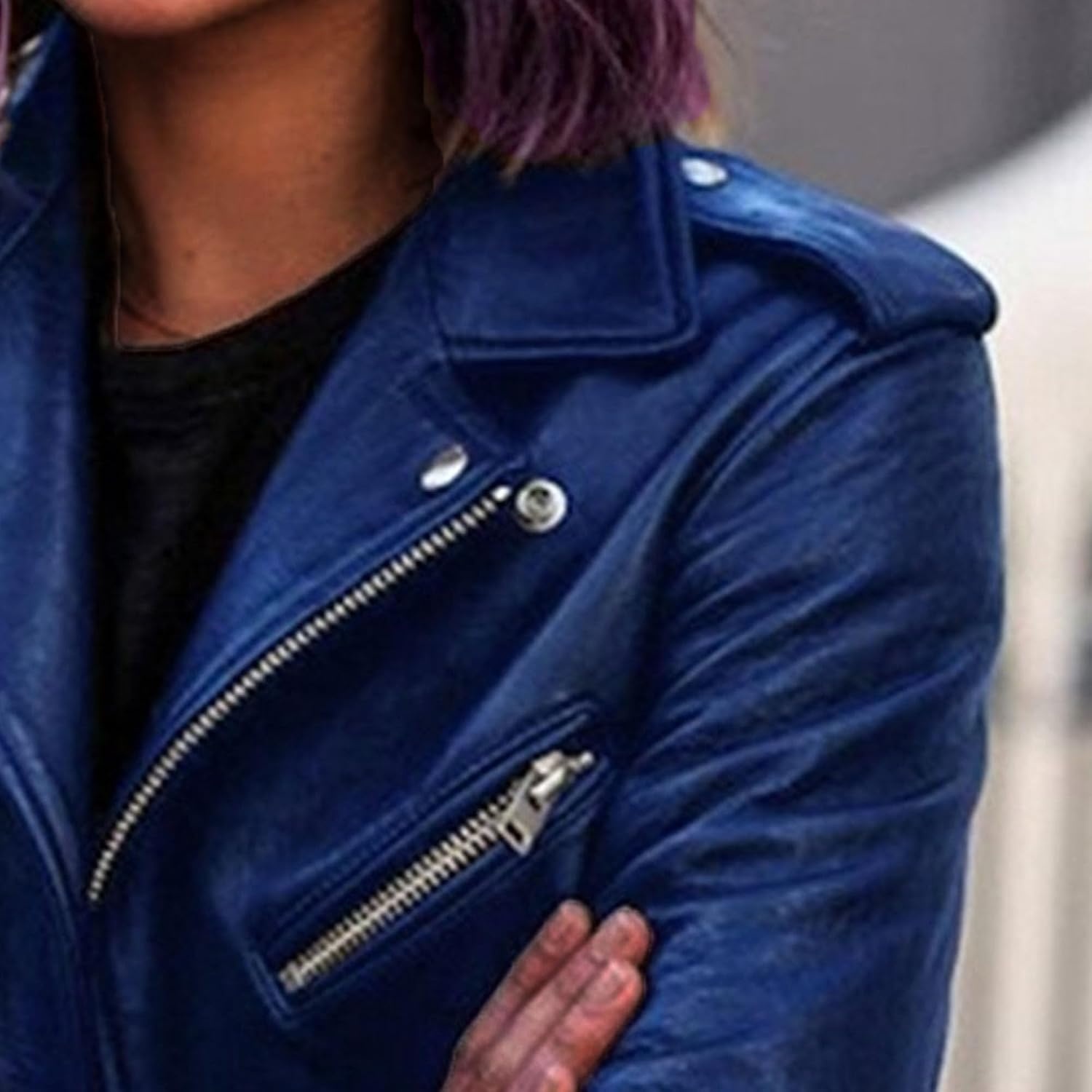 image:imageJEKEDG Womens Casual Blazer Collar Fashion Coat Vintage Biker Spring Fall Coat Jacket Faux Leather Zip Up CoatsBlue