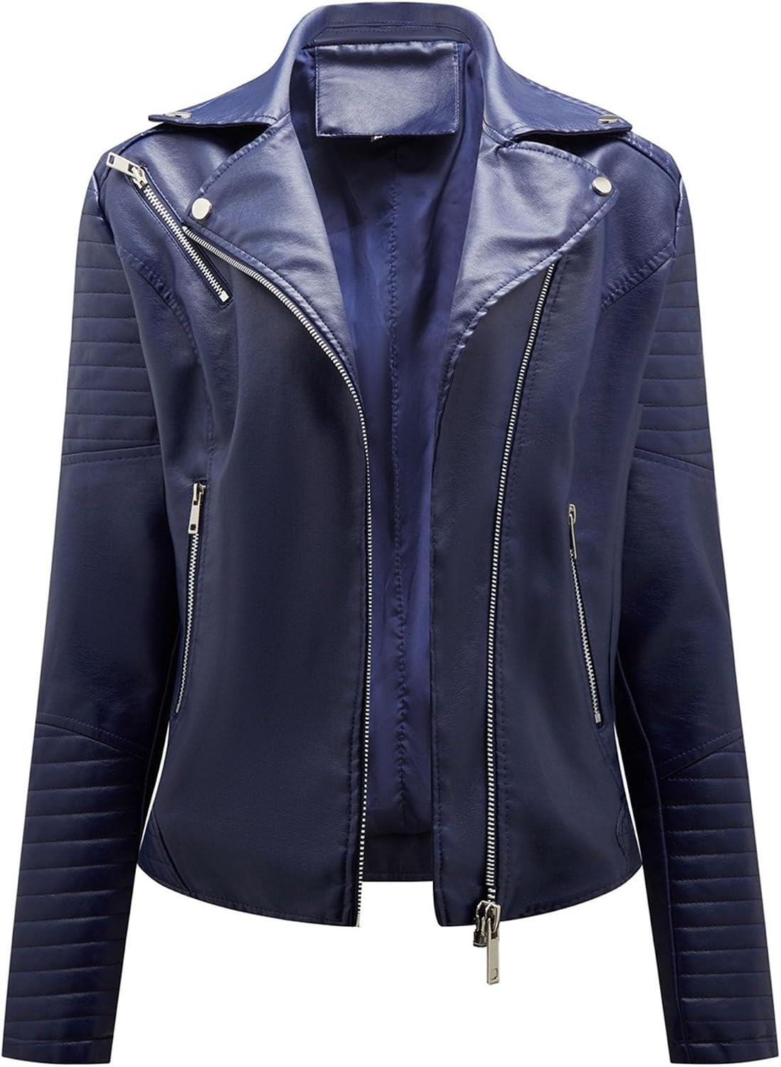 image:imageJEKEDG Womens Casual Blazer Collar Fashion Coat Vintage Biker Spring Fall Coat Jacket Faux Leather Zip Up CoatsBlue 4