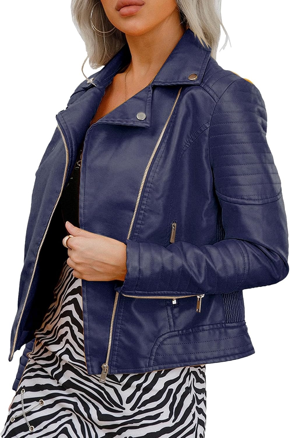 image:imageJEKEDG Womens Casual Blazer Collar Fashion Coat Vintage Biker Spring Fall Coat Jacket Faux Leather Zip Up CoatsBlue 4