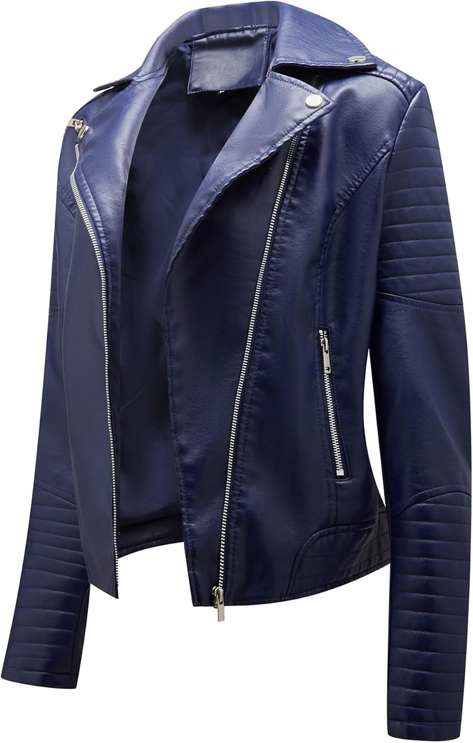 image:imageJEKEDG Womens Casual Blazer Collar Fashion Coat Vintage Biker Spring Fall Coat Jacket Faux Leather Zip Up CoatsBlue 4