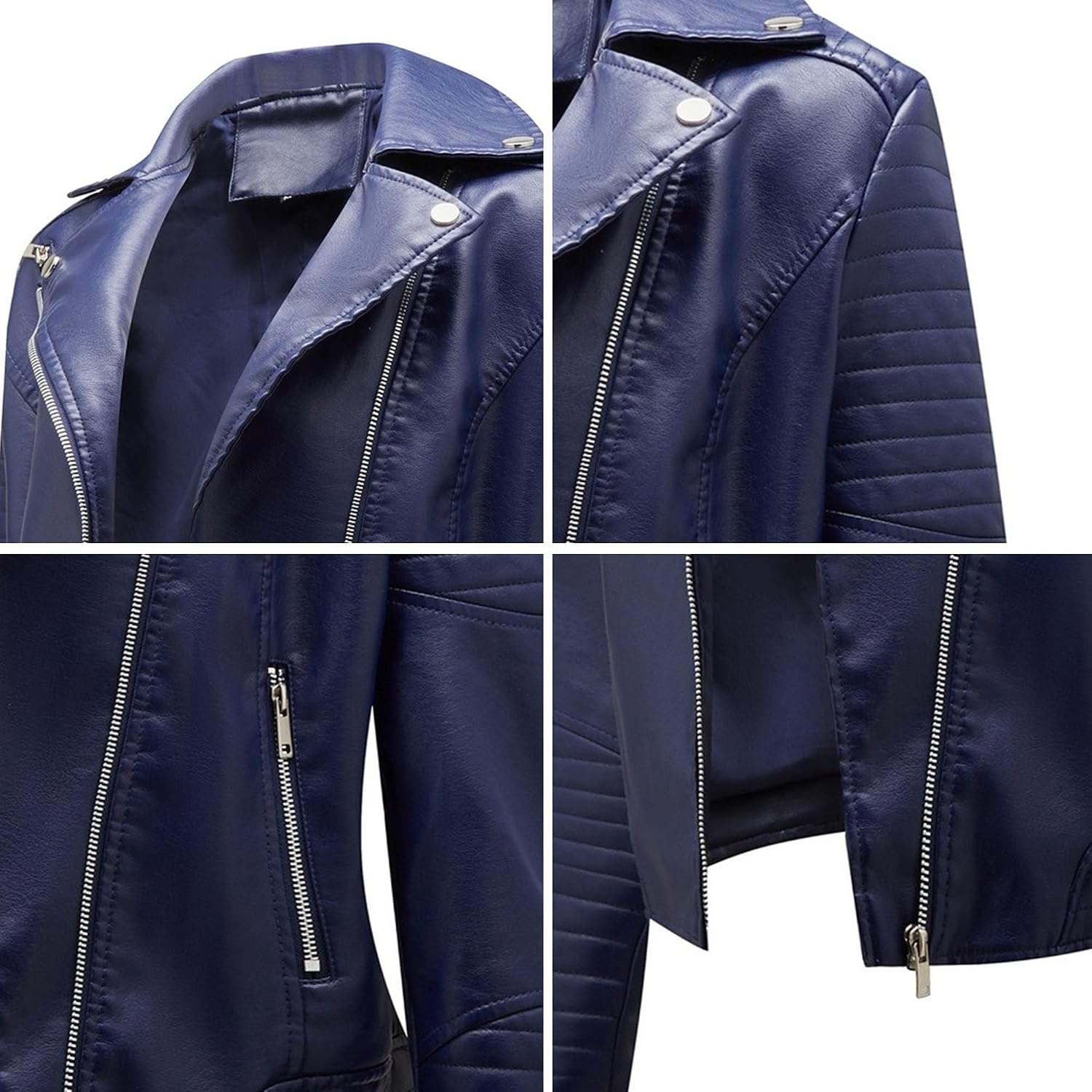 image:imageJEKEDG Womens Casual Blazer Collar Fashion Coat Vintage Biker Spring Fall Coat Jacket Faux Leather Zip Up CoatsBlue 4