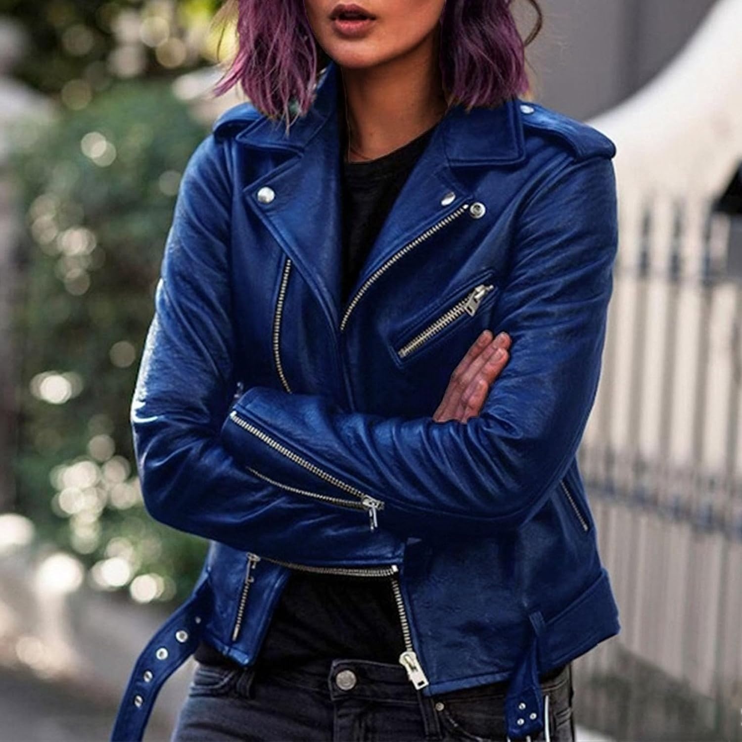 image:imageJEKEDG Womens Casual Blazer Collar Fashion Coat Vintage Biker Spring Fall Coat Jacket Faux Leather Zip Up CoatsBlue