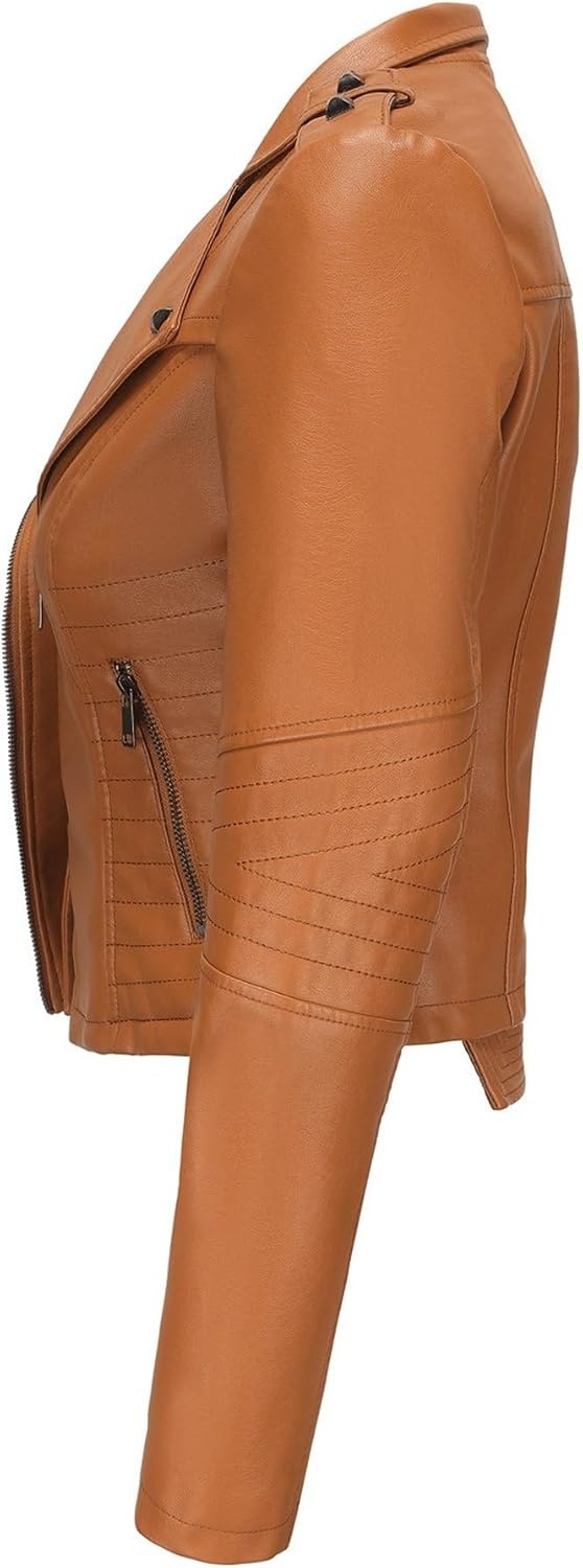 image:imageJEKEDG Womens Casual Blazer Collar Fashion Coat Vintage Biker Spring Fall Coat Jacket Faux Leather Zip Up CoatsCamel 3