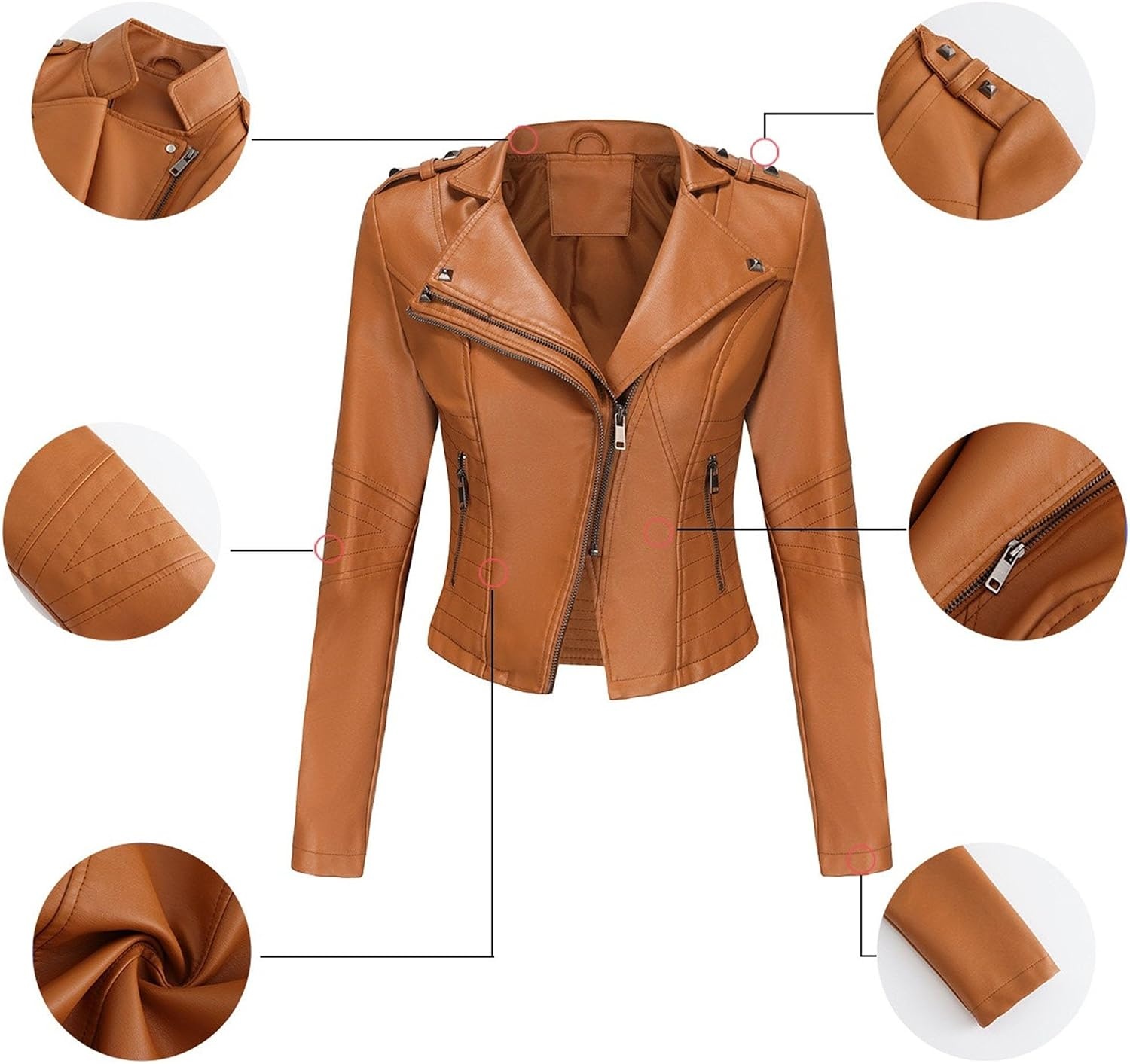 image:imageJEKEDG Womens Casual Blazer Collar Fashion Coat Vintage Biker Spring Fall Coat Jacket Faux Leather Zip Up CoatsCamel 3