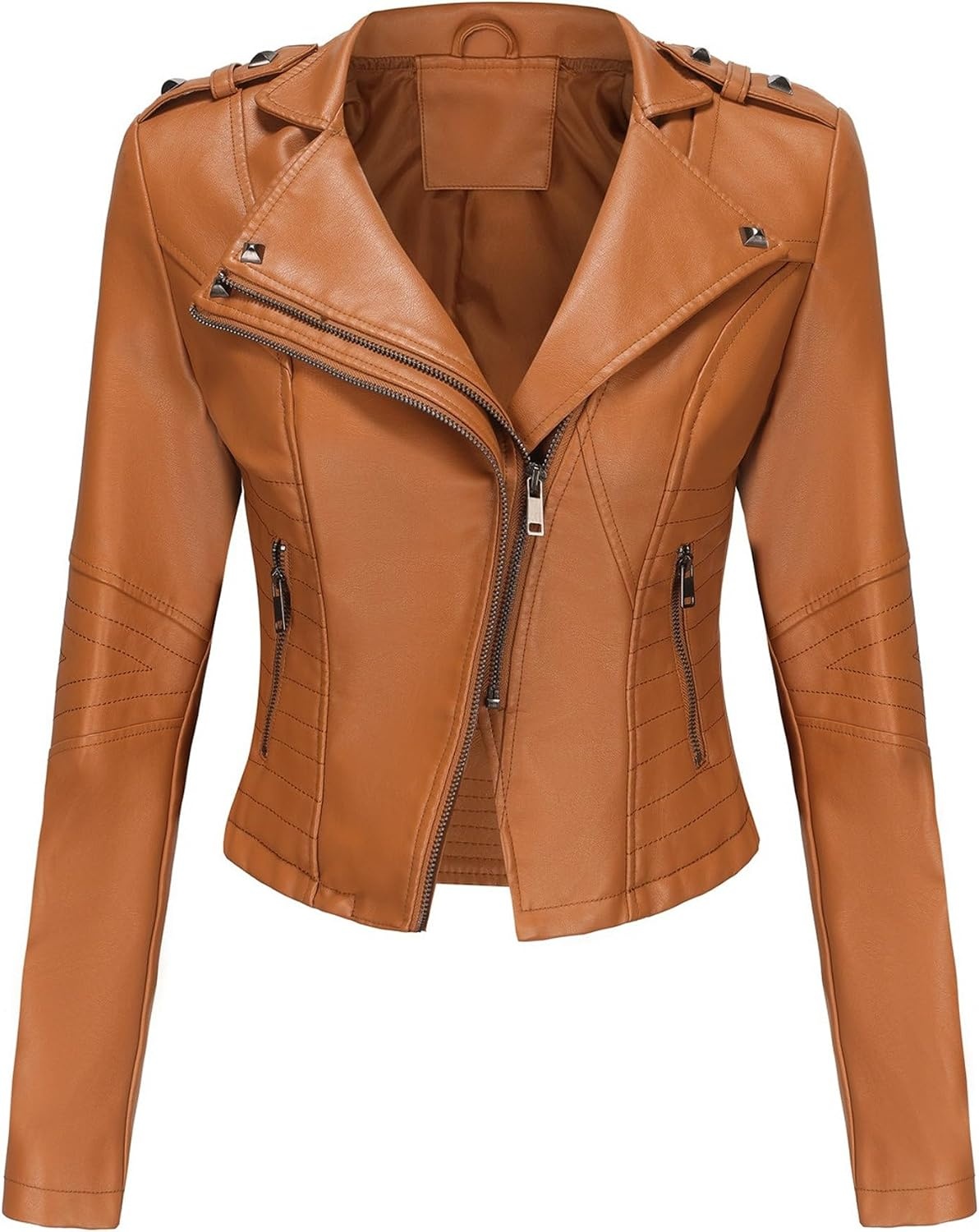 image:imageJEKEDG Womens Casual Blazer Collar Fashion Coat Vintage Biker Spring Fall Coat Jacket Faux Leather Zip Up CoatsCamel 3