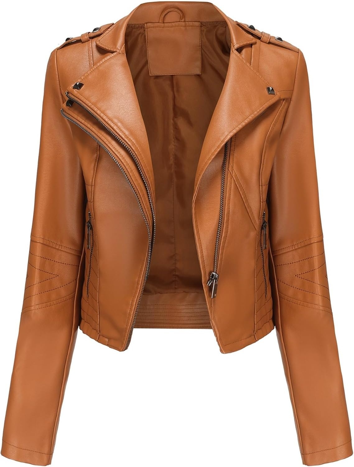 image:imageJEKEDG Womens Casual Blazer Collar Fashion Coat Vintage Biker Spring Fall Coat Jacket Faux Leather Zip Up CoatsCamel 3