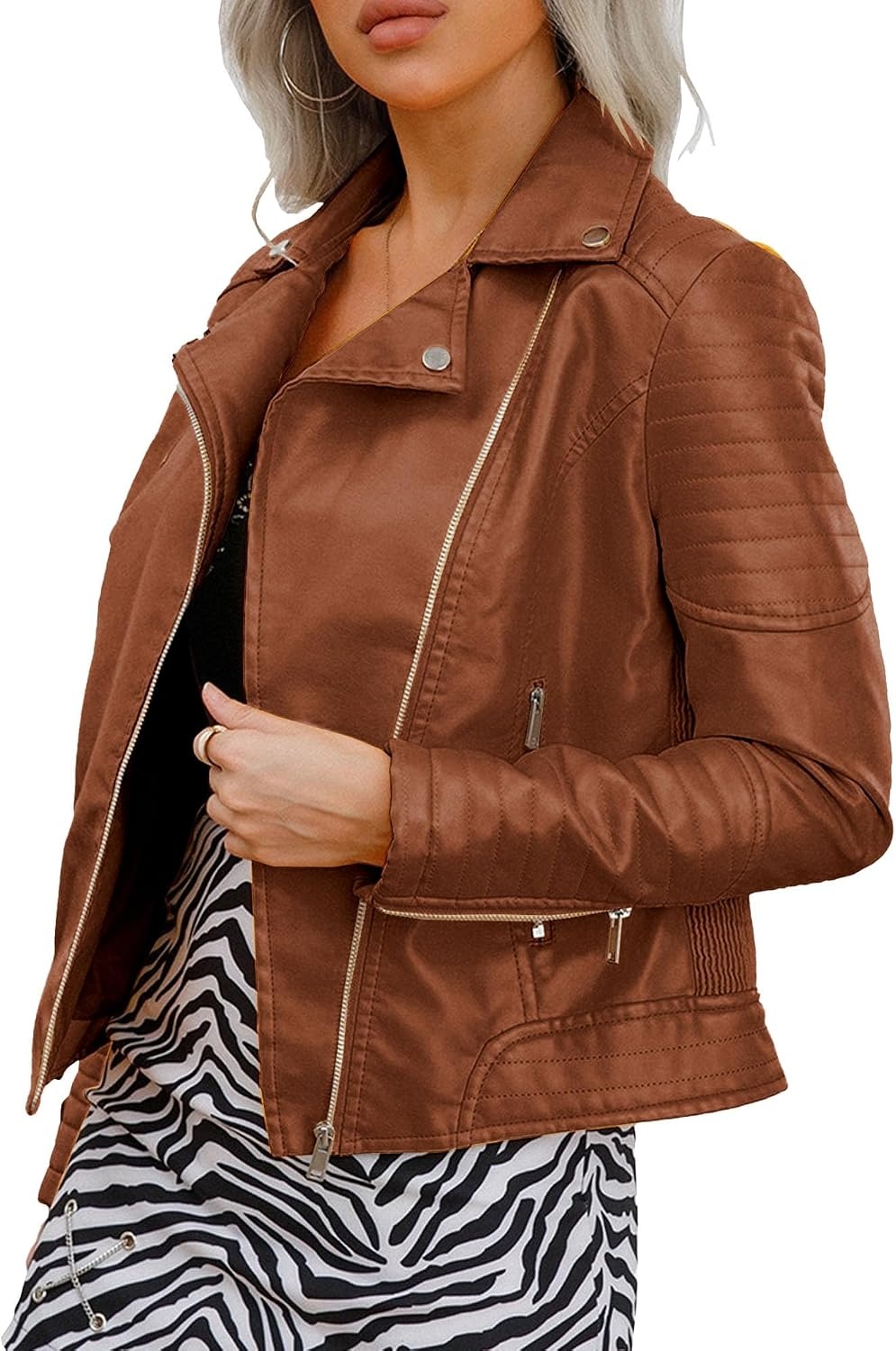 image:imageJEKEDG Womens Casual Blazer Collar Fashion Coat Vintage Biker Spring Fall Coat Jacket Faux Leather Zip Up CoatsCamel 4