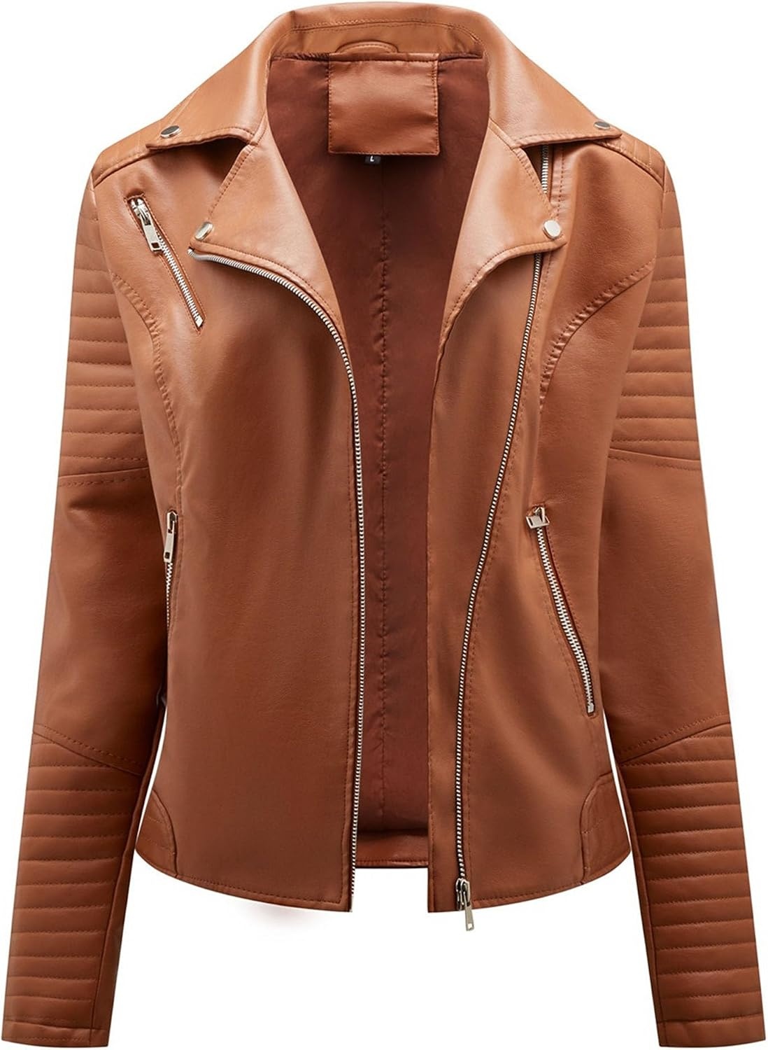 image:imageJEKEDG Womens Casual Blazer Collar Fashion Coat Vintage Biker Spring Fall Coat Jacket Faux Leather Zip Up CoatsCamel 4