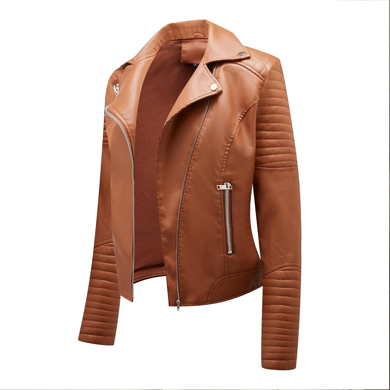 image:imageJEKEDG Womens Casual Blazer Collar Fashion Coat Vintage Biker Spring Fall Coat Jacket Faux Leather Zip Up CoatsCamel 4