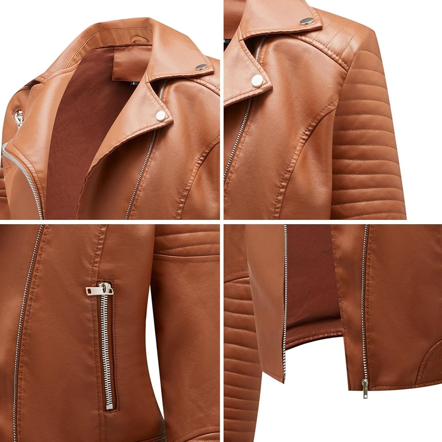 image:imageJEKEDG Womens Casual Blazer Collar Fashion Coat Vintage Biker Spring Fall Coat Jacket Faux Leather Zip Up CoatsCamel 4