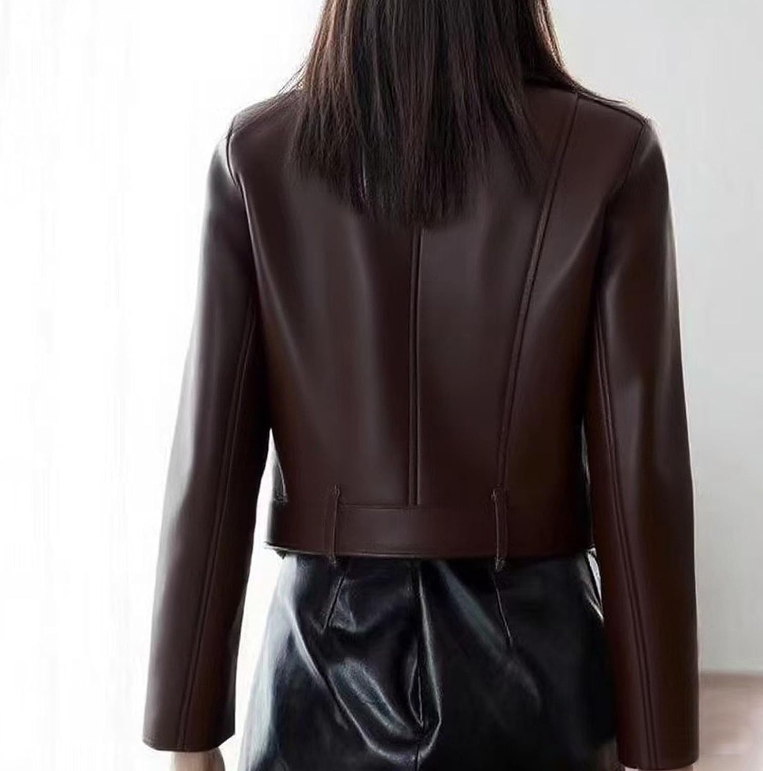 image:imageJEKEDG Womens Casual Blazer Collar Fashion Coat Vintage Biker Spring Fall Coat Jacket Faux Leather Zip Up CoatsCoffee 2