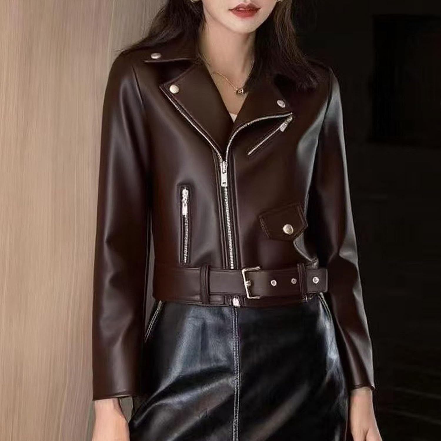 image:imageJEKEDG Womens Casual Blazer Collar Fashion Coat Vintage Biker Spring Fall Coat Jacket Faux Leather Zip Up CoatsCoffee 2