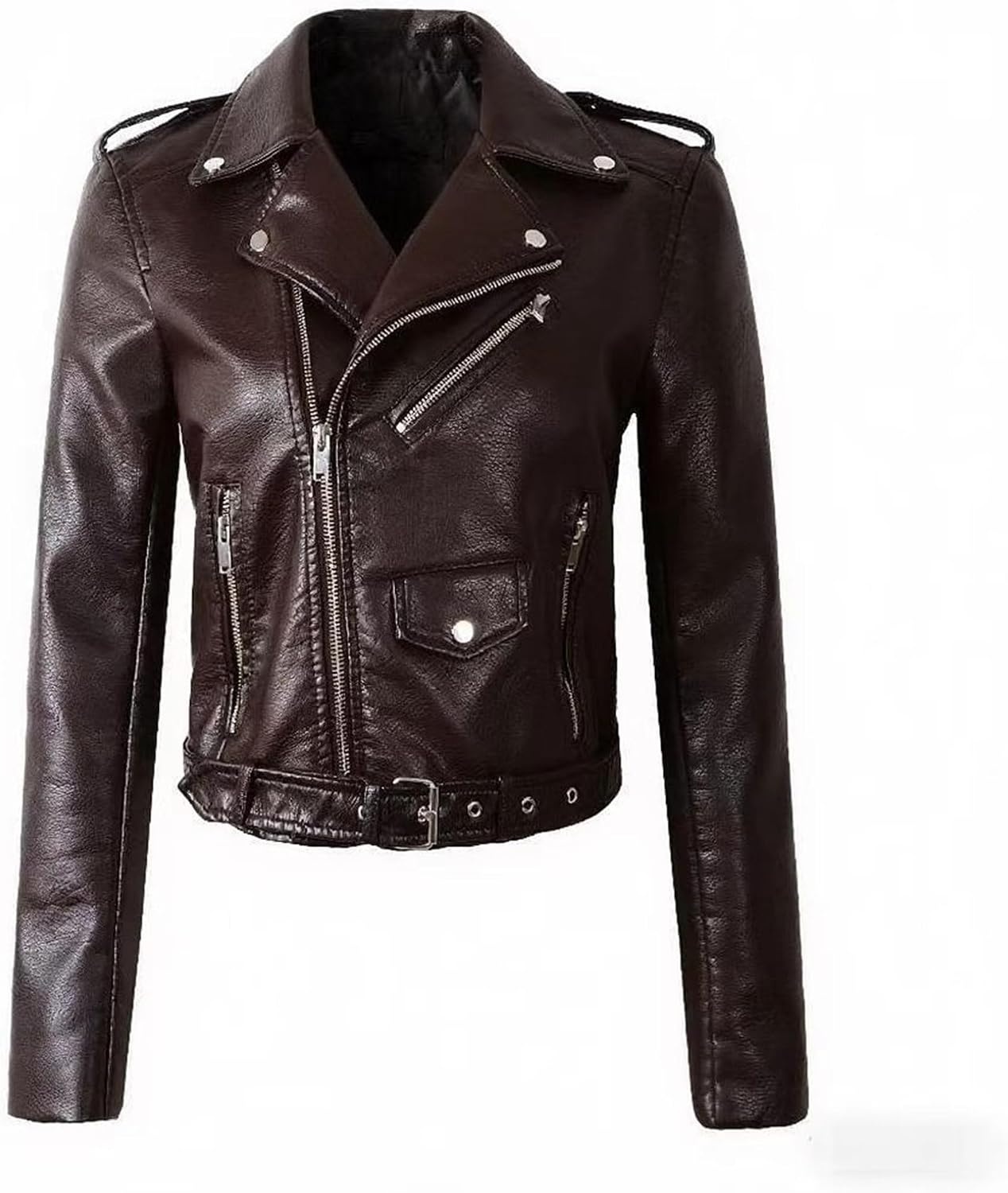image:imageJEKEDG Womens Casual Blazer Collar Fashion Coat Vintage Biker Spring Fall Coat Jacket Faux Leather Zip Up CoatsCoffee 2