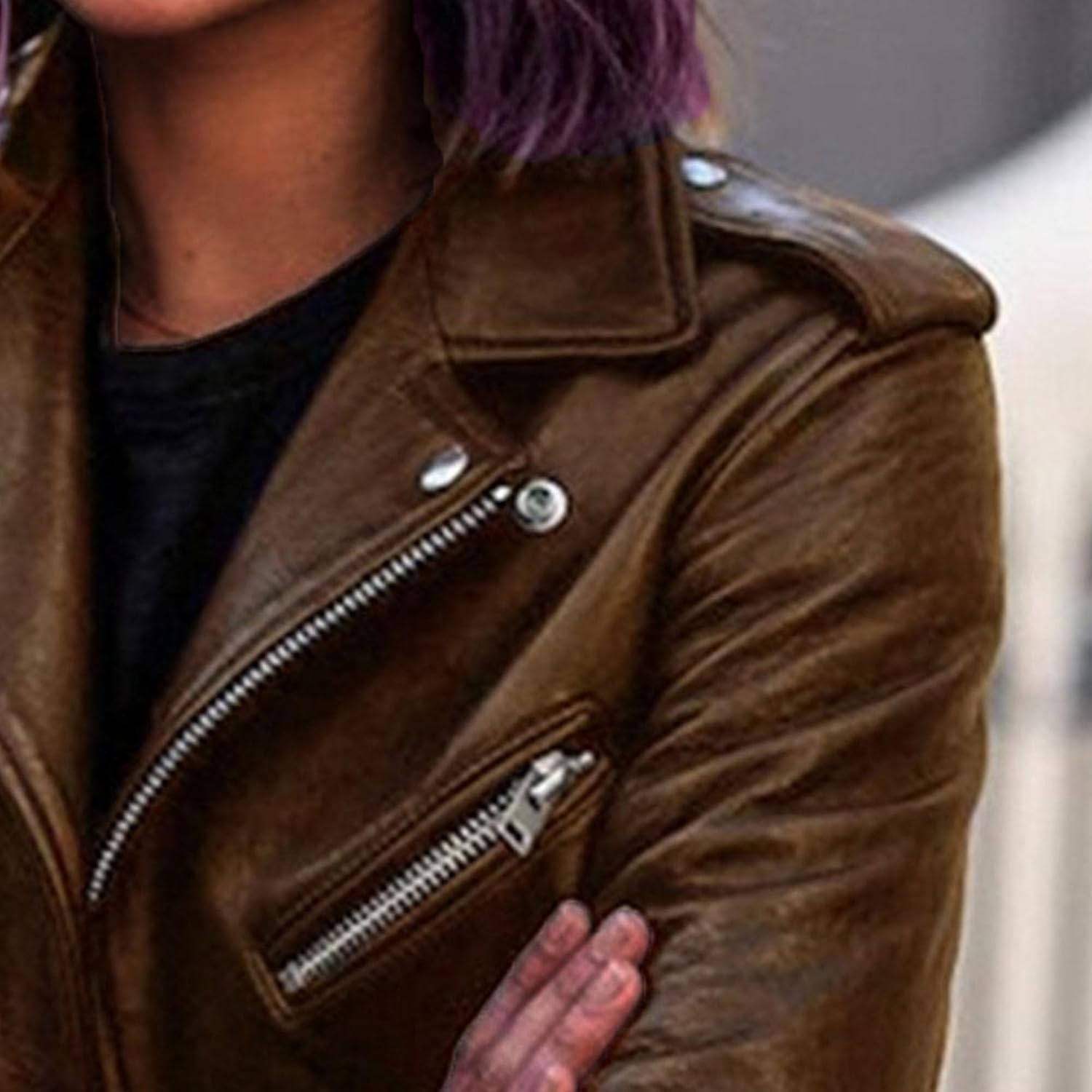 image:imageJEKEDG Womens Casual Blazer Collar Fashion Coat Vintage Biker Spring Fall Coat Jacket Faux Leather Zip Up CoatsCoffee