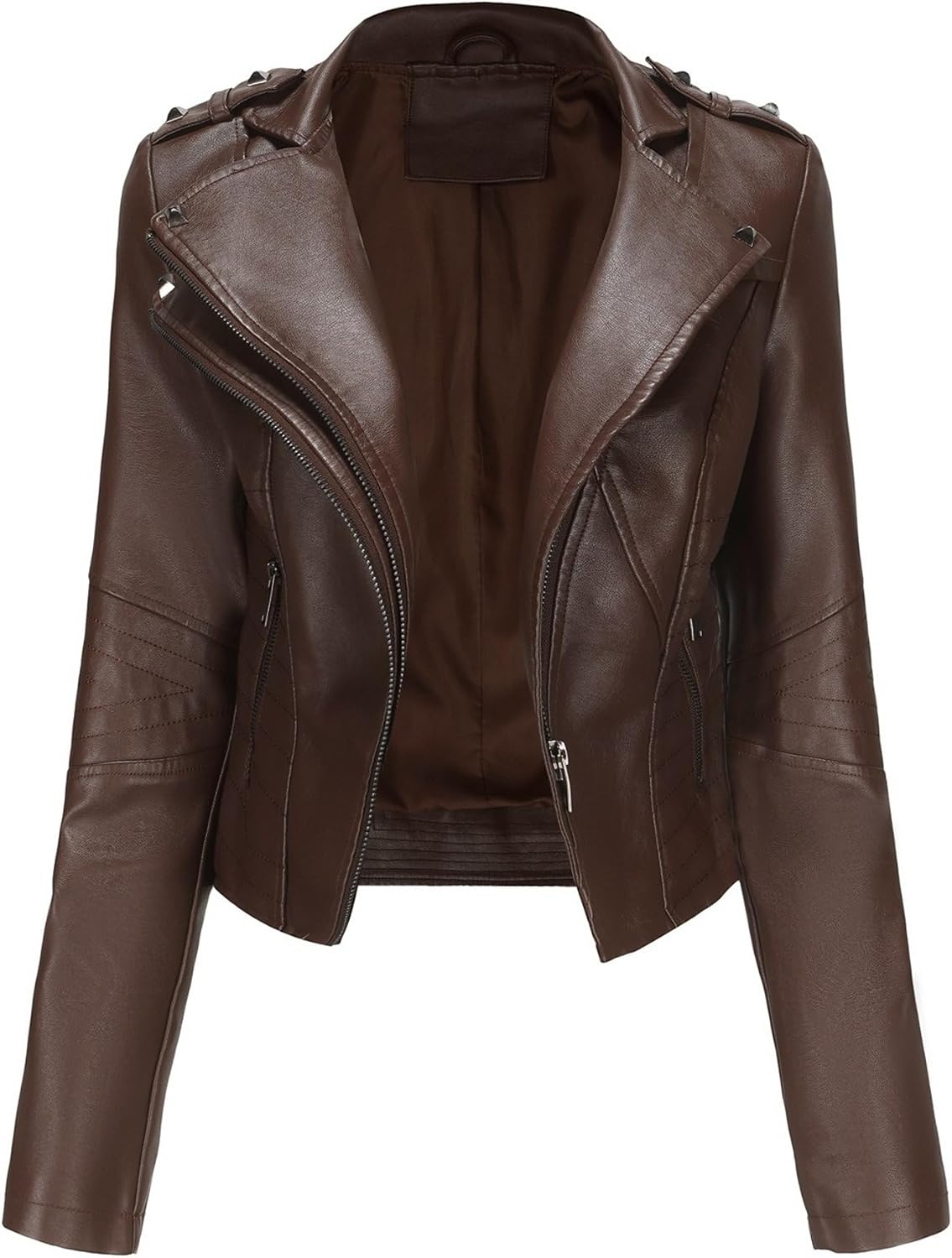 image:imageJEKEDG Womens Casual Blazer Collar Fashion Coat Vintage Biker Spring Fall Coat Jacket Faux Leather Zip Up CoatsCoffee 3