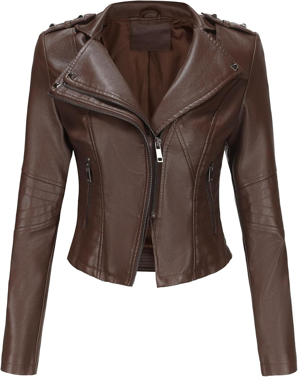 image:imageJEKEDG Womens Casual Blazer Collar Fashion Coat Vintage Biker Spring Fall Coat Jacket Faux Leather Zip Up CoatsCoffee 3