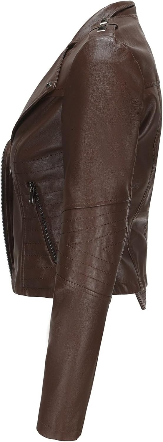 image:imageJEKEDG Womens Casual Blazer Collar Fashion Coat Vintage Biker Spring Fall Coat Jacket Faux Leather Zip Up CoatsCoffee 3