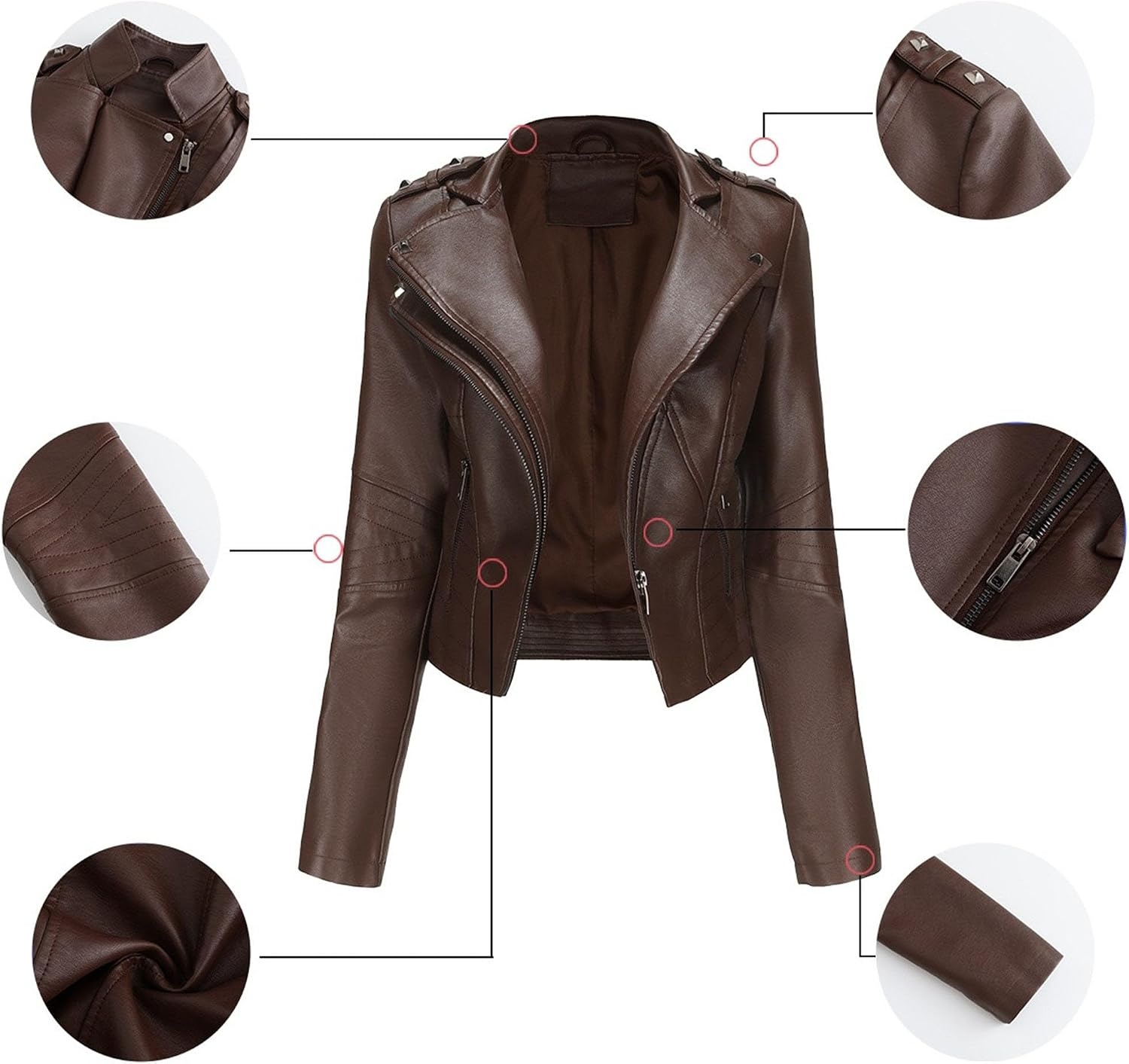image:imageJEKEDG Womens Casual Blazer Collar Fashion Coat Vintage Biker Spring Fall Coat Jacket Faux Leather Zip Up CoatsCoffee 3