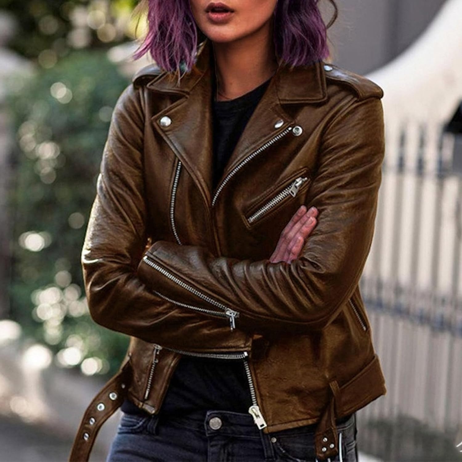 image:imageJEKEDG Womens Casual Blazer Collar Fashion Coat Vintage Biker Spring Fall Coat Jacket Faux Leather Zip Up CoatsCoffee