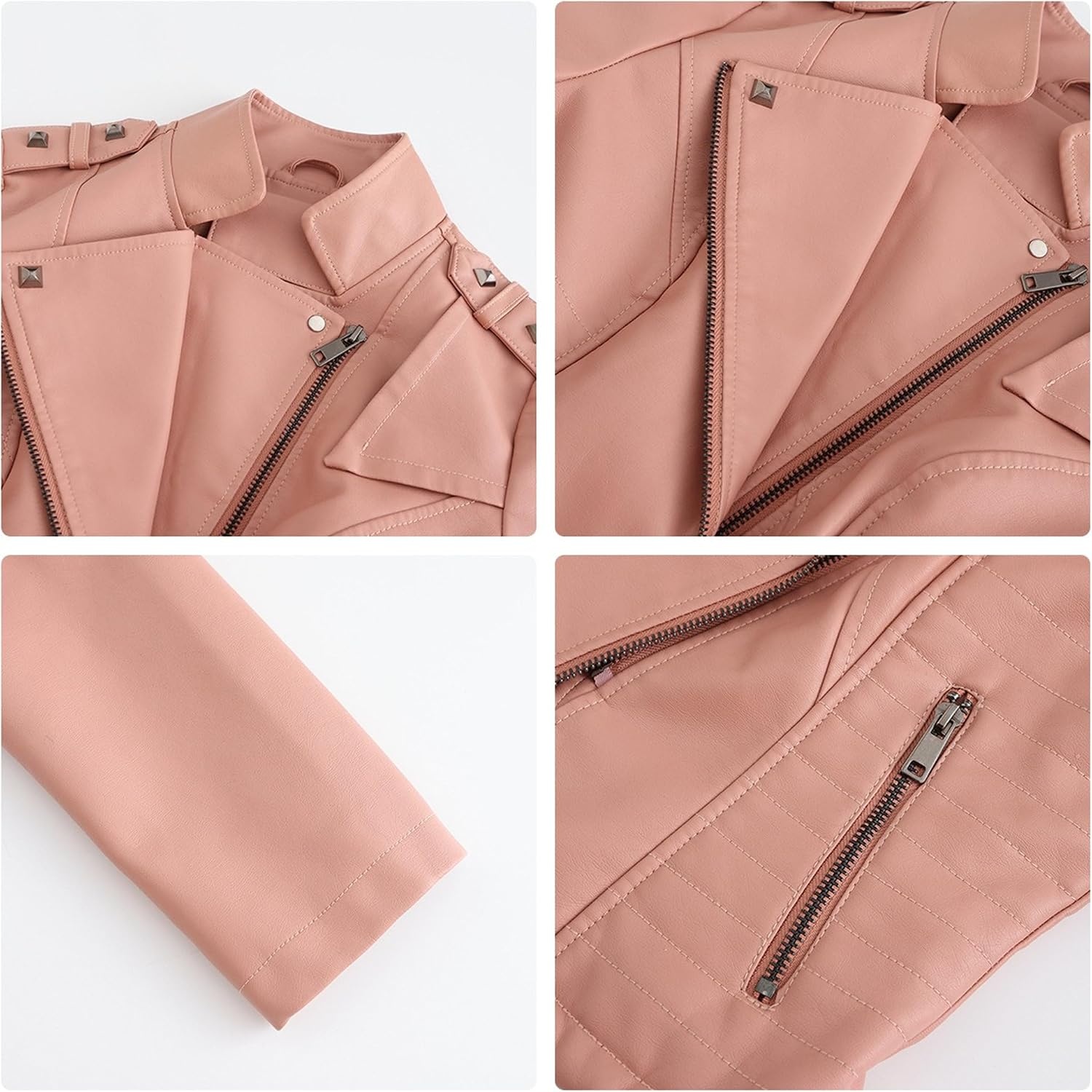 image:imageJEKEDG Womens Casual Blazer Collar Fashion Coat Vintage Biker Spring Fall Coat Jacket Faux Leather Zip Up CoatsPink 3