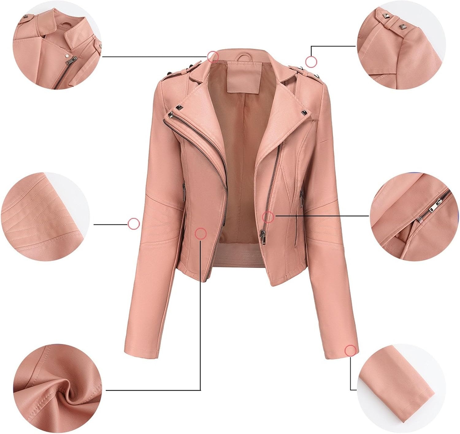 image:imageJEKEDG Womens Casual Blazer Collar Fashion Coat Vintage Biker Spring Fall Coat Jacket Faux Leather Zip Up CoatsPink 3