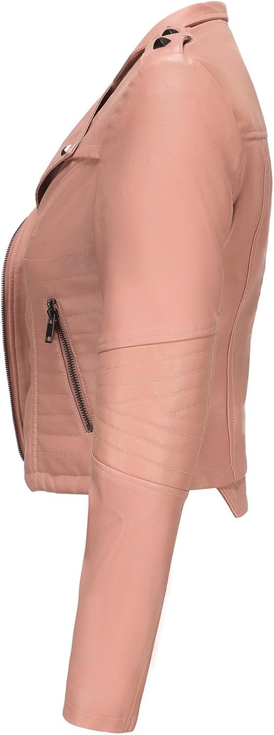image:imageJEKEDG Womens Casual Blazer Collar Fashion Coat Vintage Biker Spring Fall Coat Jacket Faux Leather Zip Up CoatsPink 3