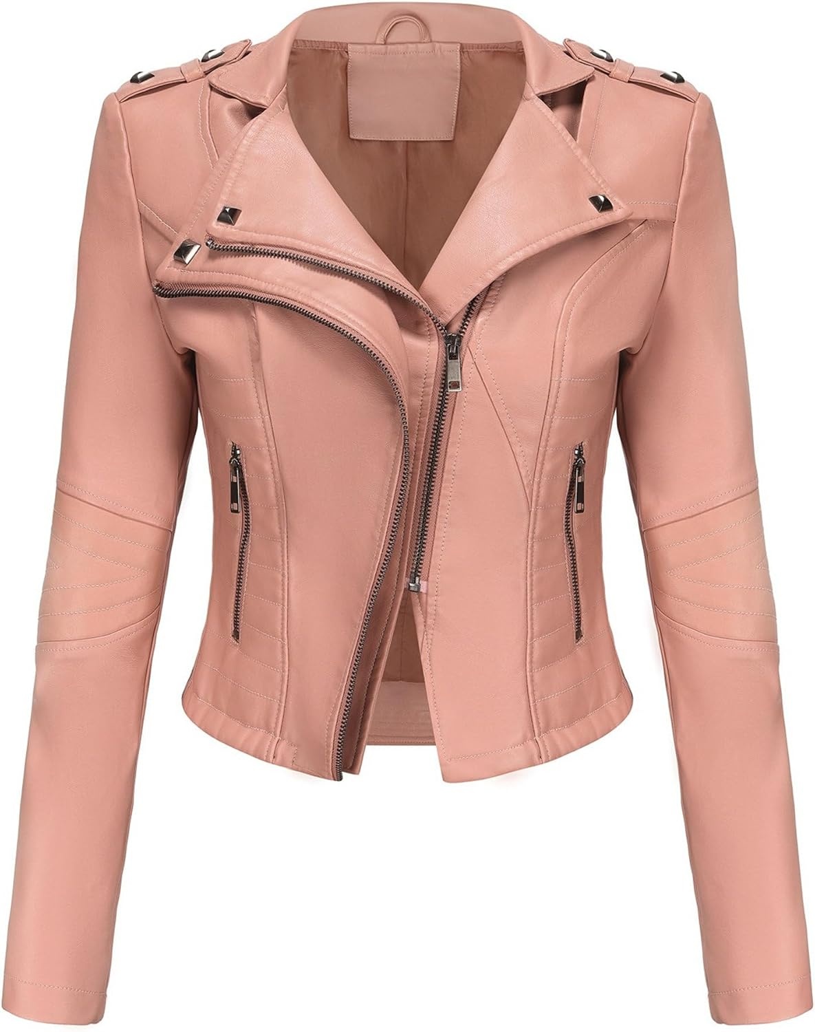 image:imageJEKEDG Womens Casual Blazer Collar Fashion Coat Vintage Biker Spring Fall Coat Jacket Faux Leather Zip Up CoatsPink 3